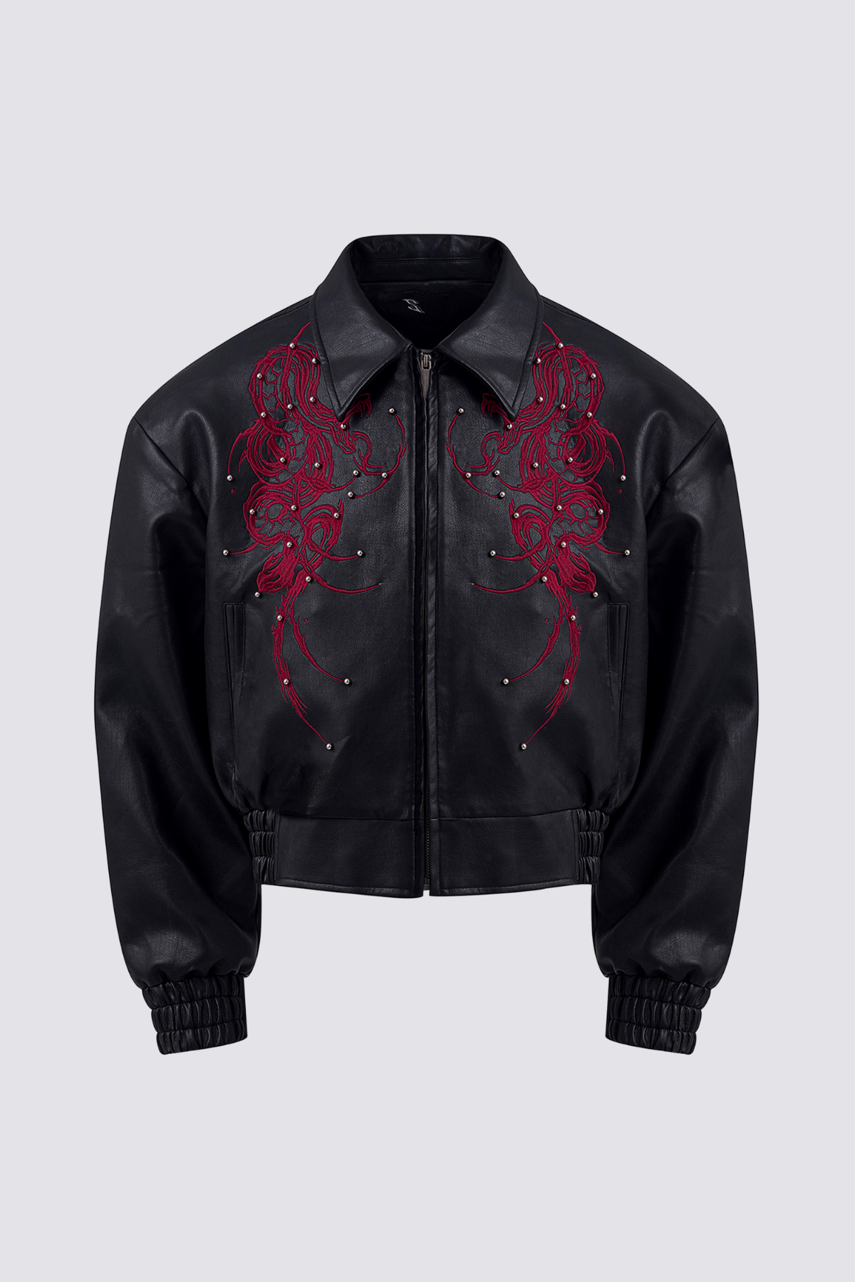 Street Lock Embroidered Crop Leather Jacket Black