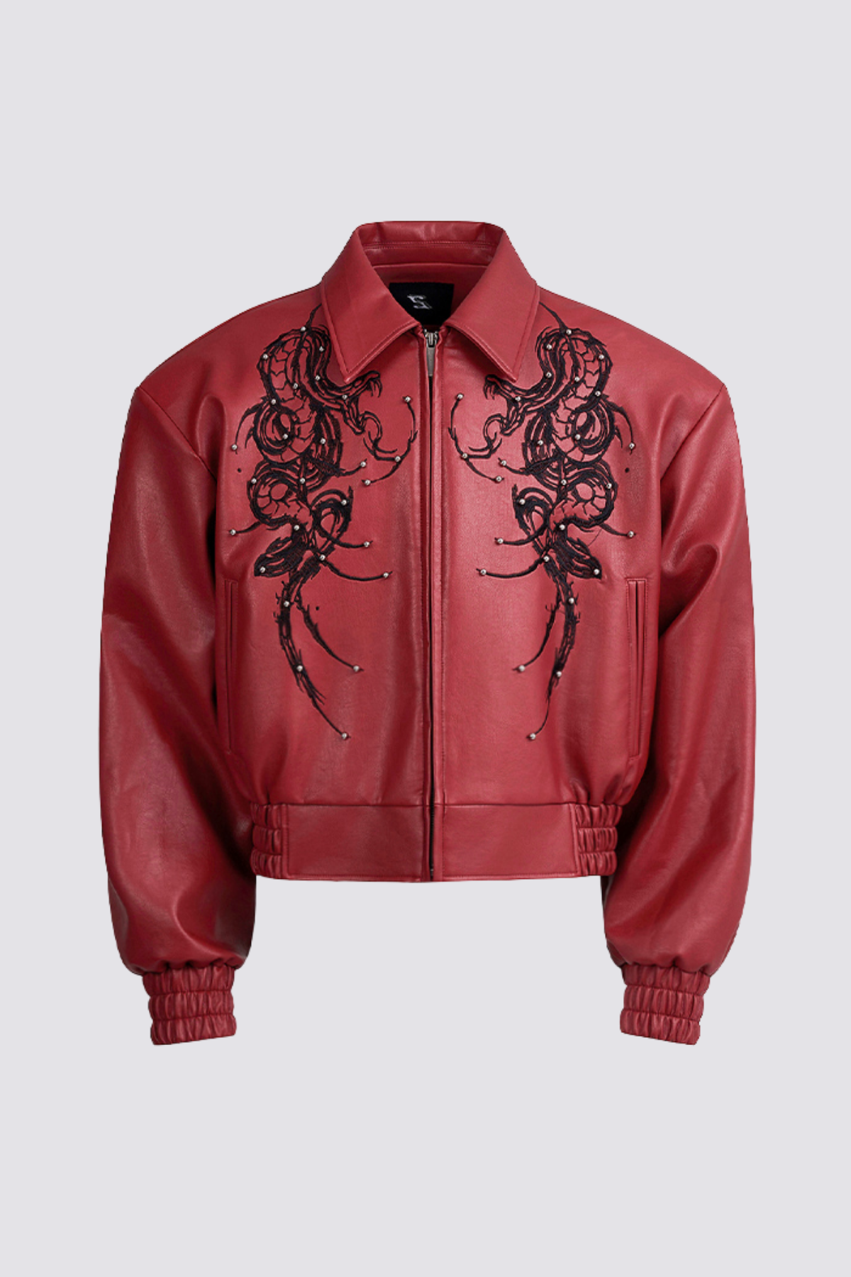 Street Lock Embroidered Crop Leather Jacket Red