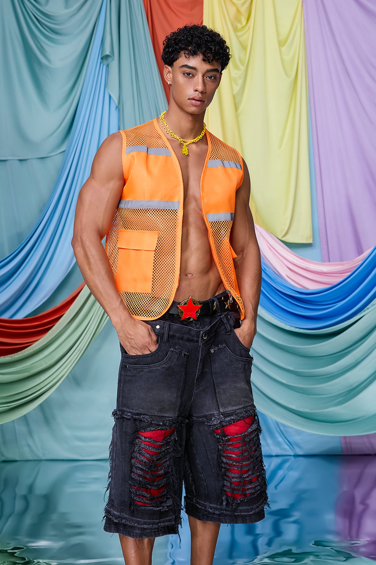 Subtle Distortion Cutout Vest Orange