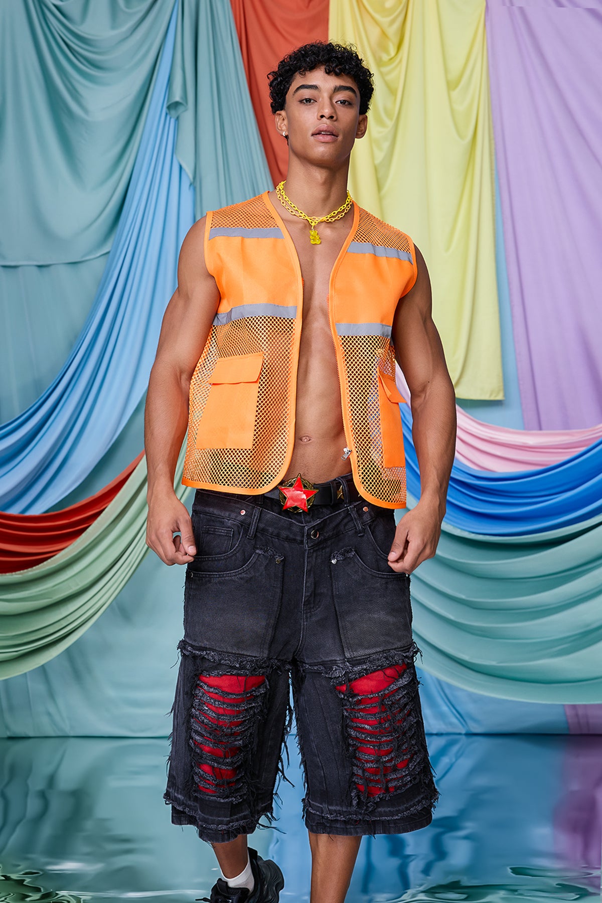 Subtle Distortion Cutout Vest Orange