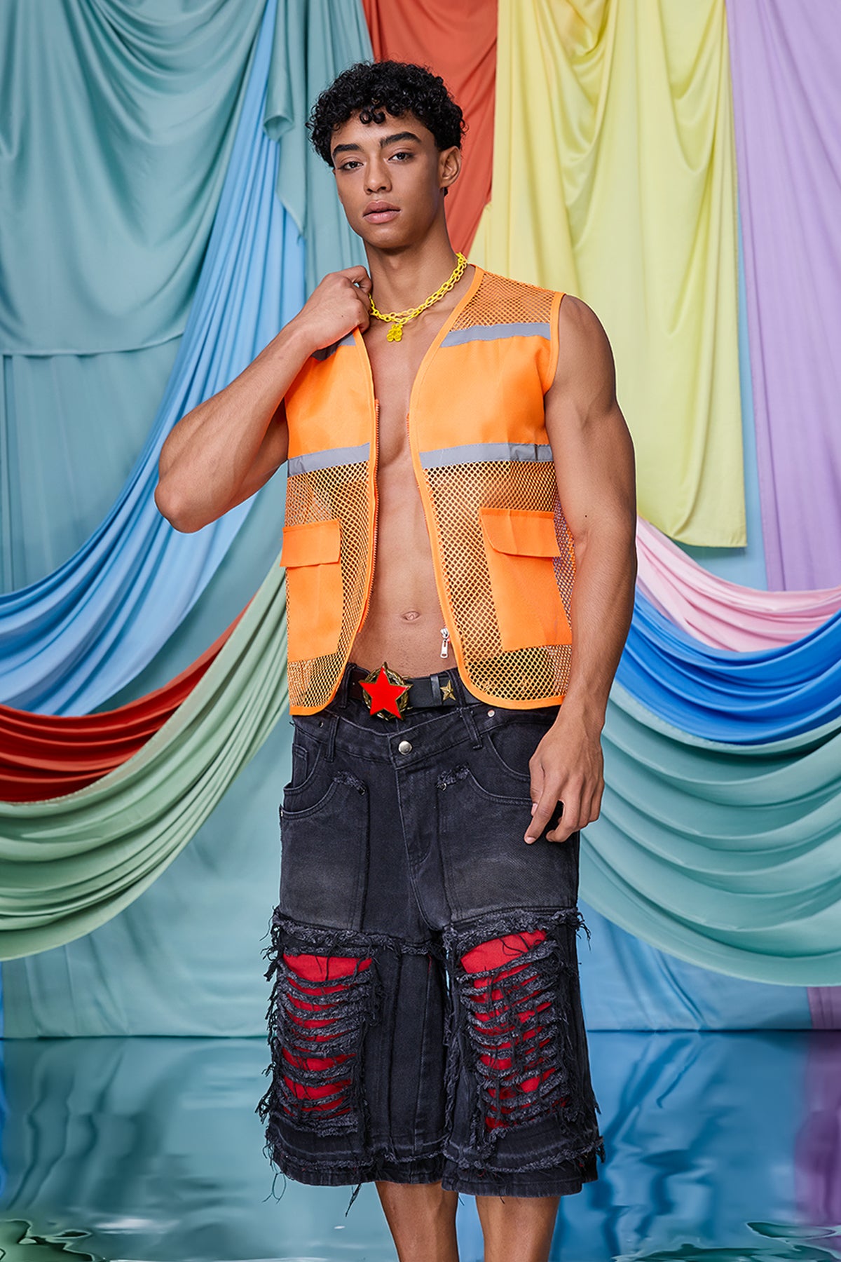 Subtle Distortion Cutout Vest Orange