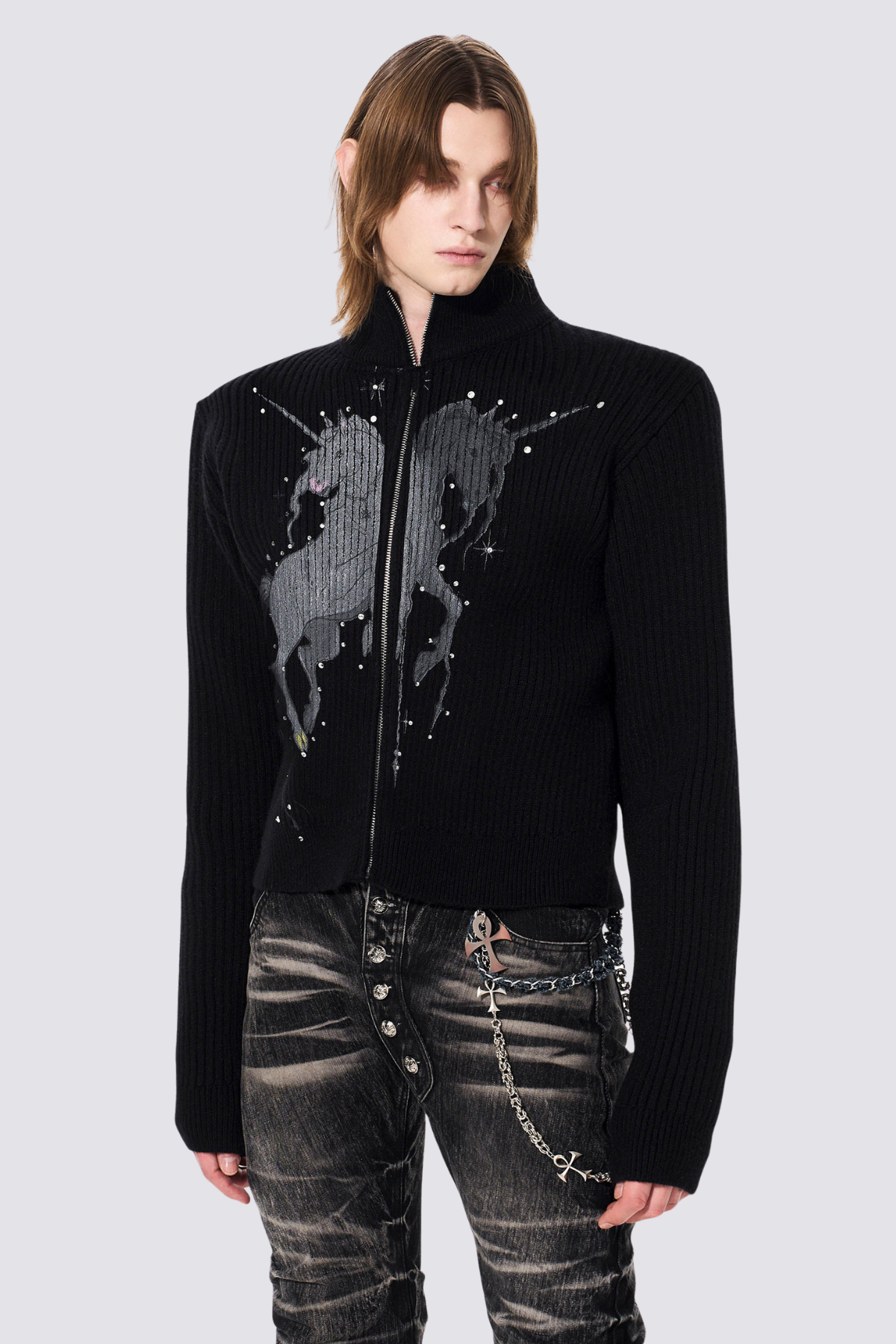Subtle Knit Unicorn Print Jacket Black