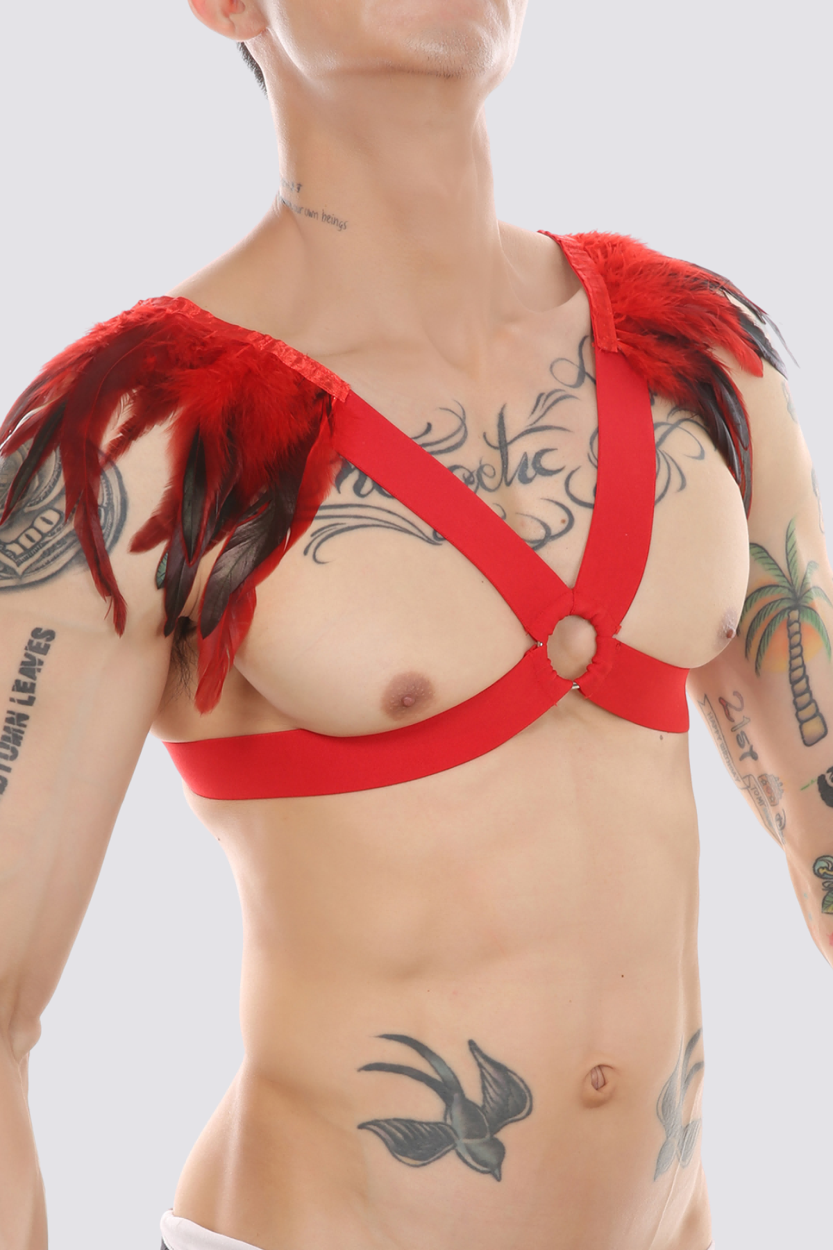Sultry Feather Bondage Chest Strap Red