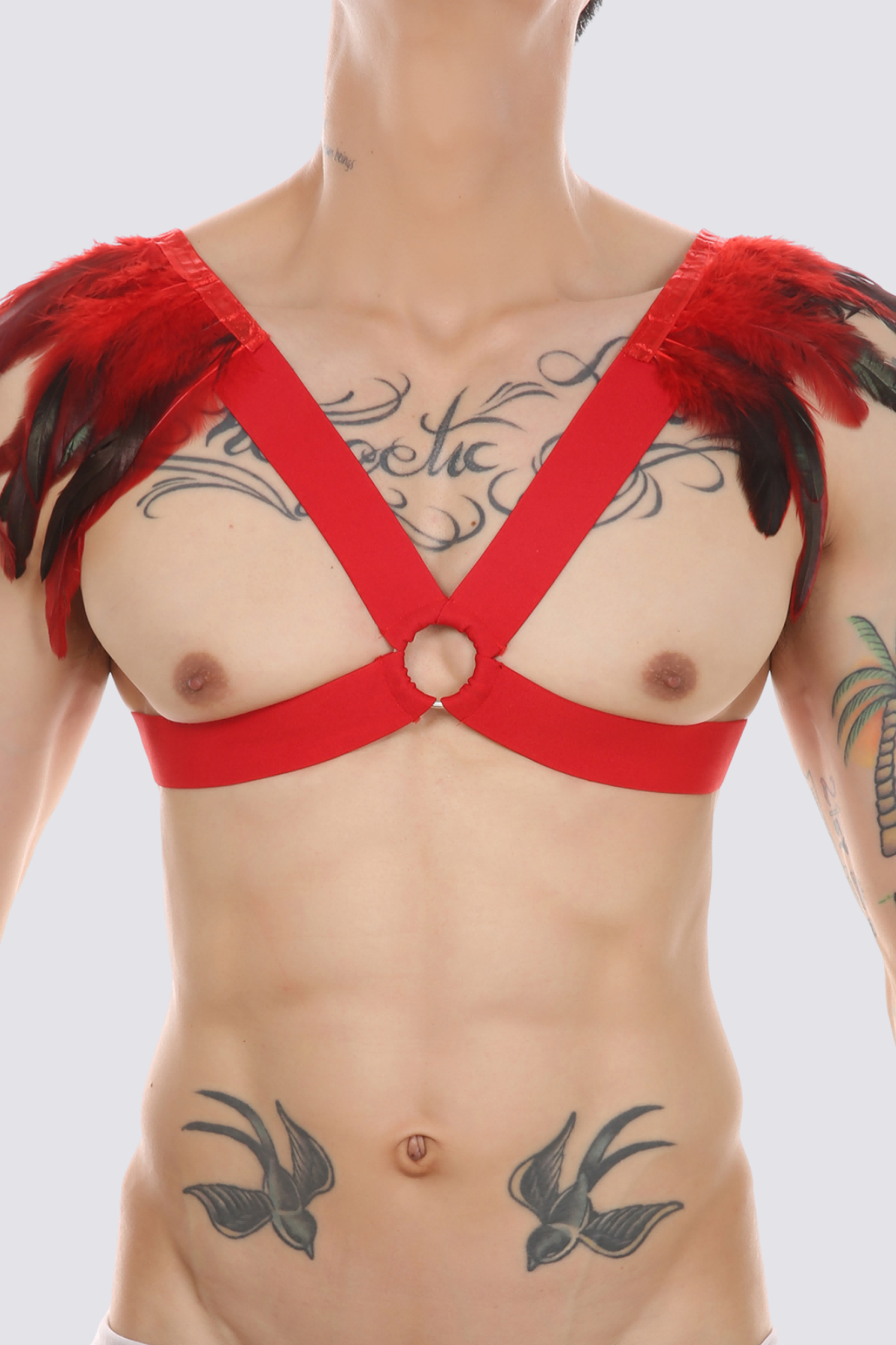 Sultry Feather Bondage Chest Strap Red