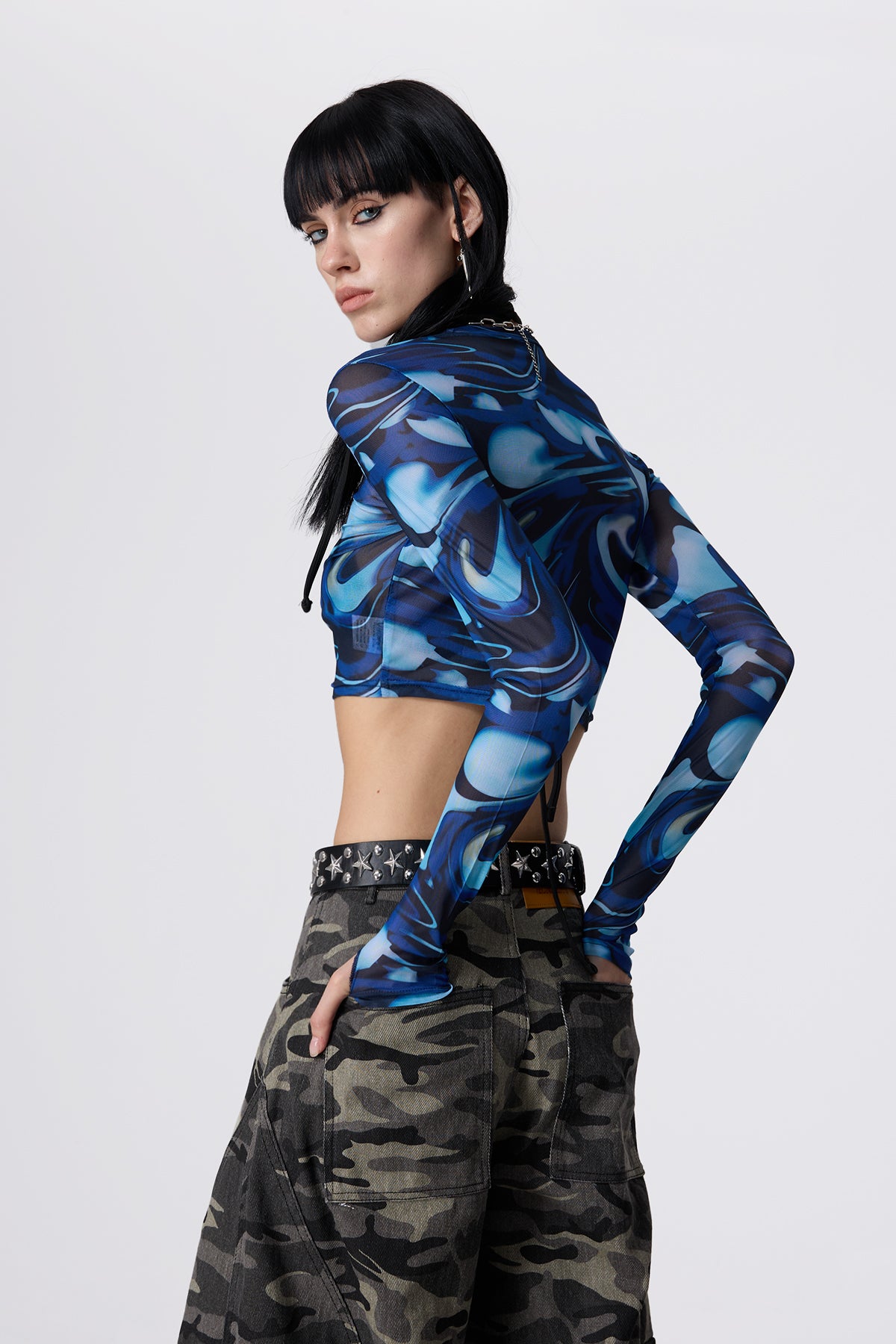 Sway Line Print Mesh Crop Top