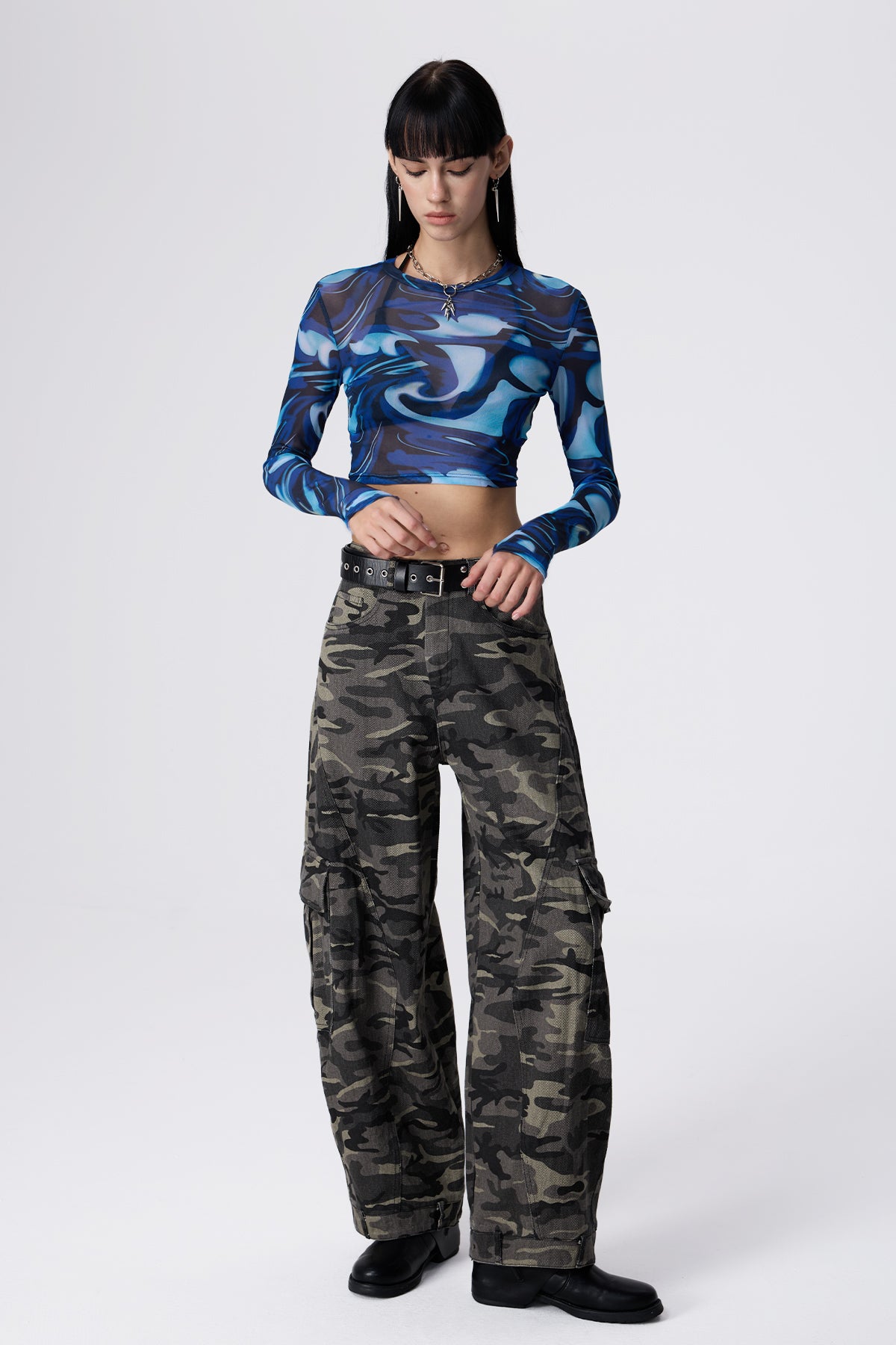 Sway Line Print Mesh Crop Top