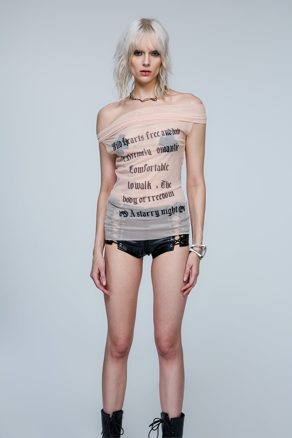 Synth Filter Off Shoulder Mesh Print Top