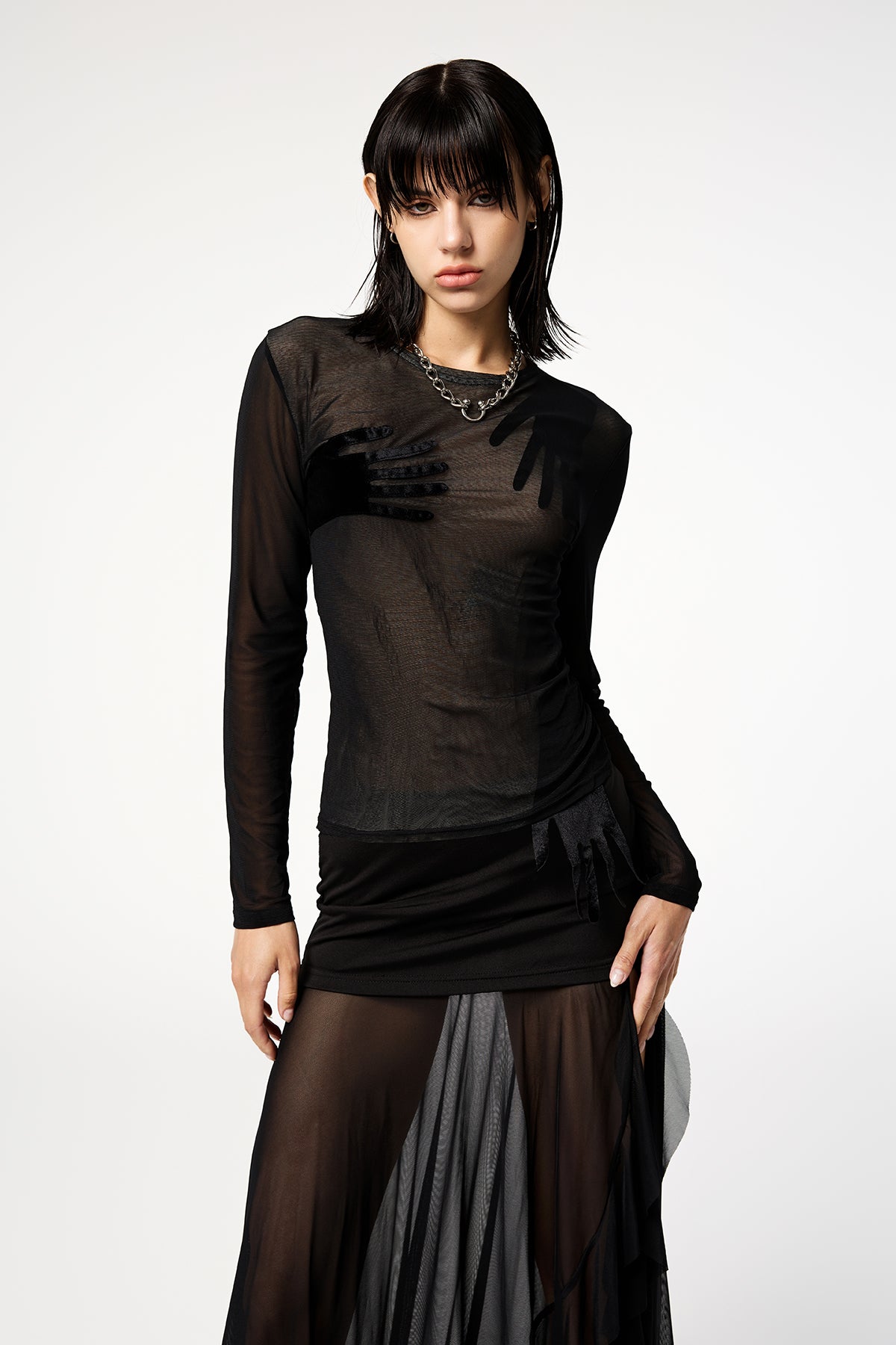 Texture Clash Mesh Long Sleeve Top
