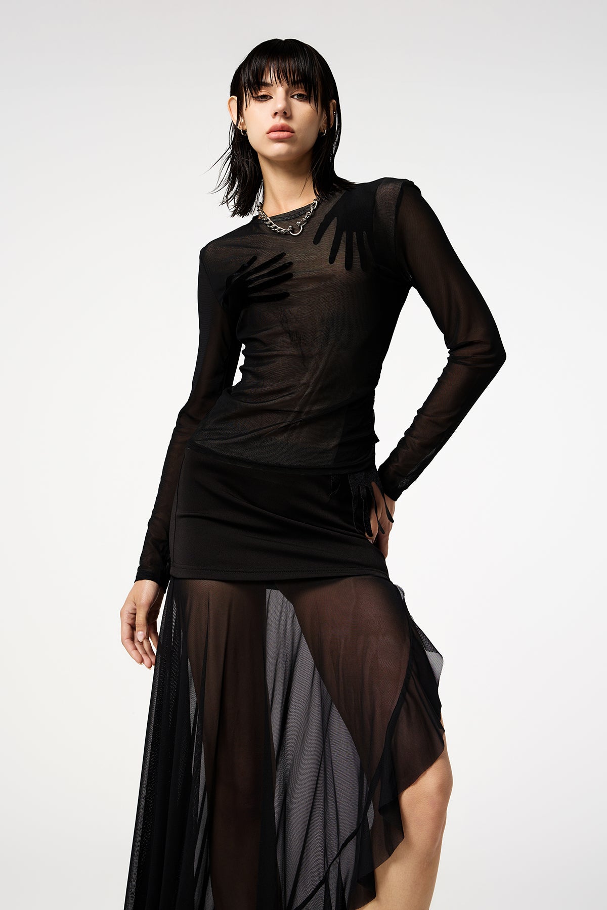 Texture Clash Mesh Long Sleeve Top