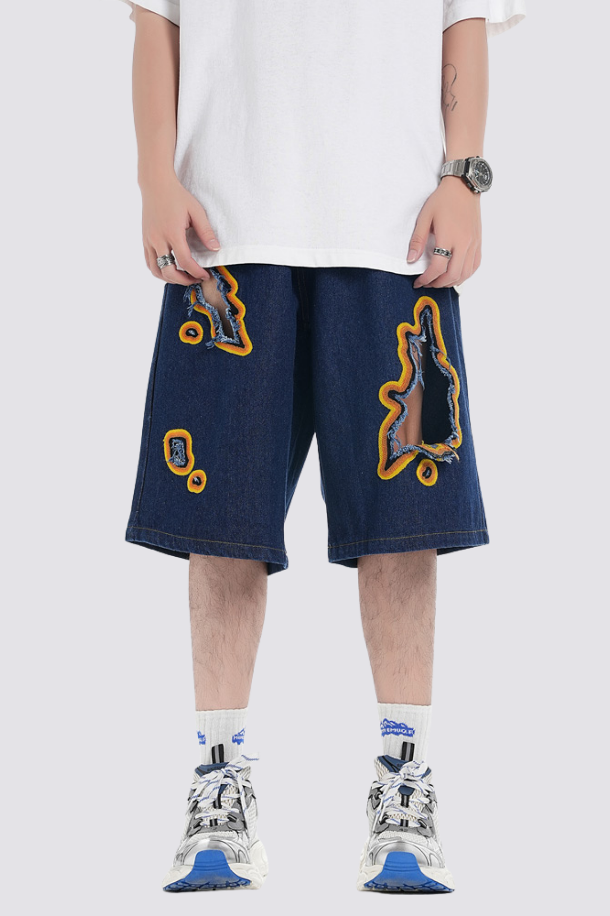 Thin Armor Ripped Denim Shorts Blue