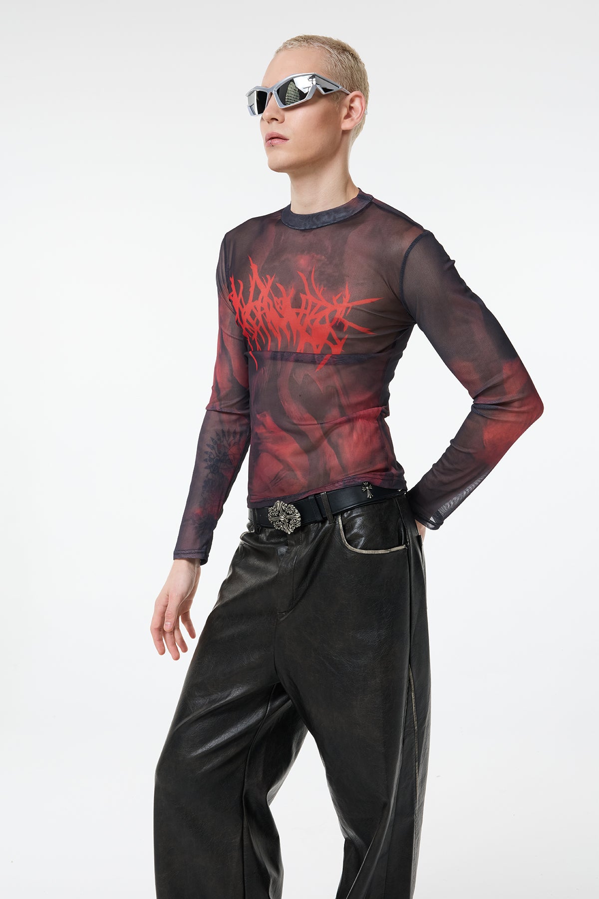 Thin Symbol Print Mesh Long Sleeve Top