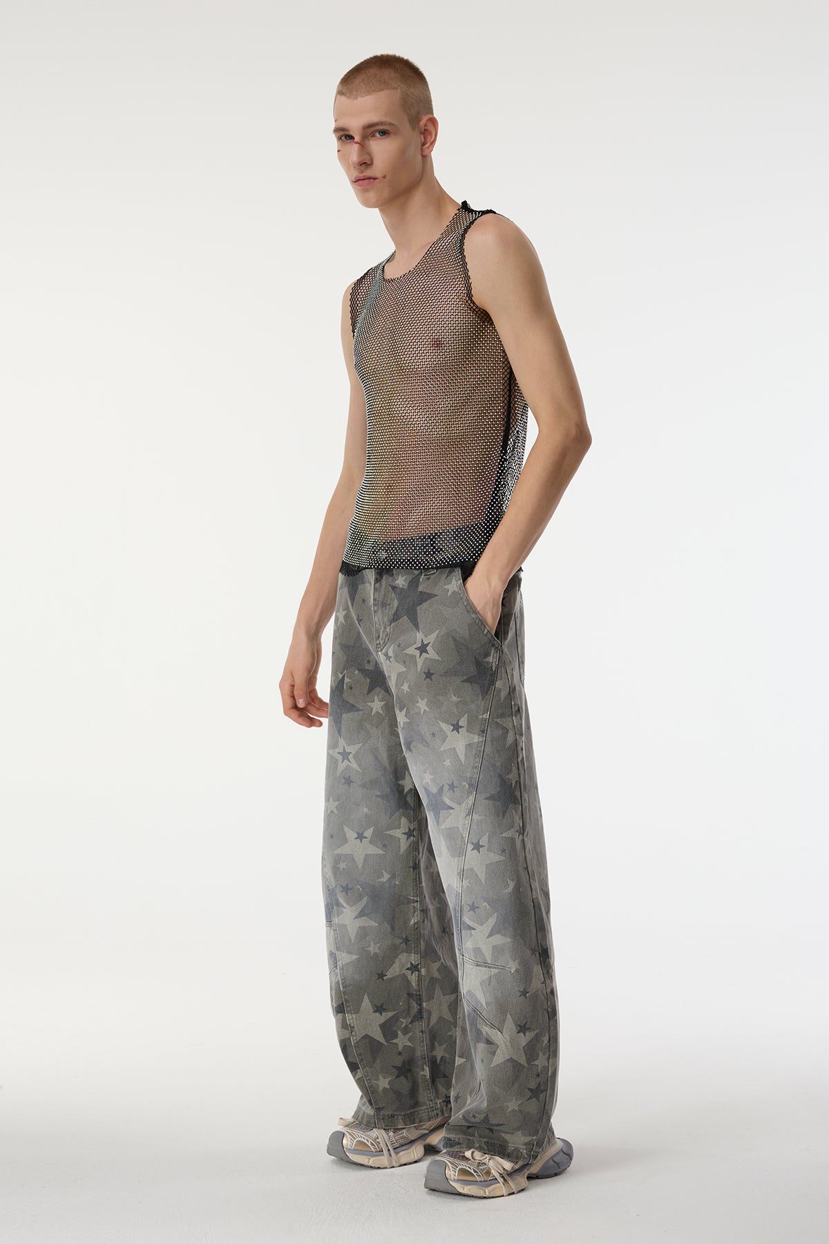 Thread Clash Sleeveless Rhinestone Mesh Top