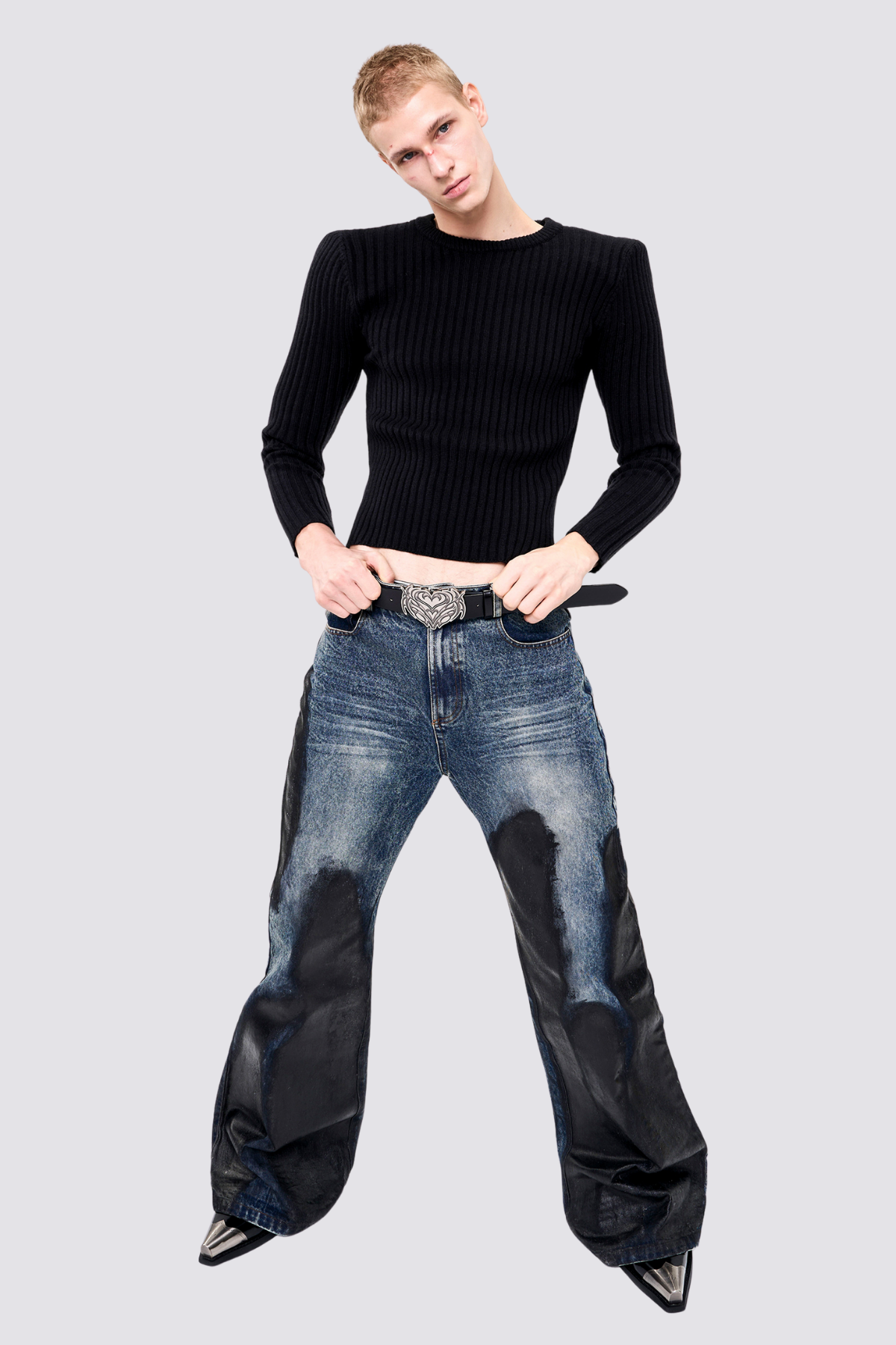 Thread Flex Striped Knit Long Sleeve Top Black