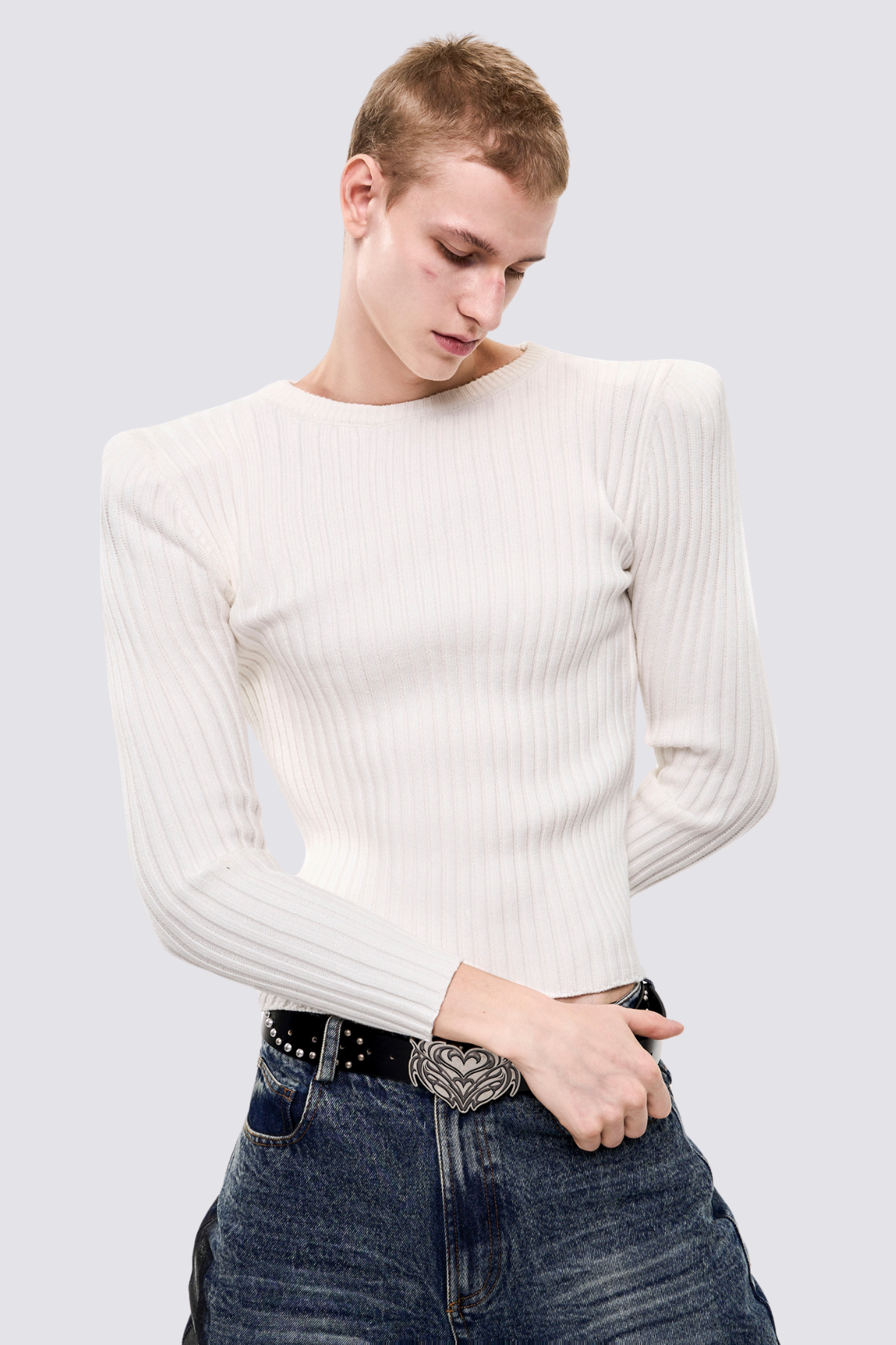 Thread Flex Striped Knit Long Sleeve Top White