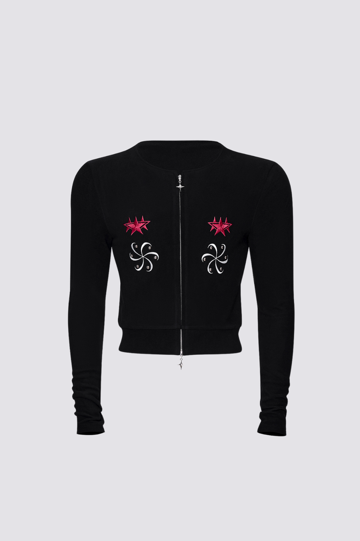 Thread Line Embroidery Knit Long Sleeve Crop Top