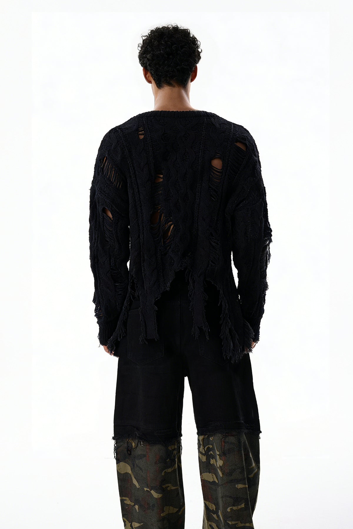 Thread Line Ripped Long Sleeve Knit Top Black