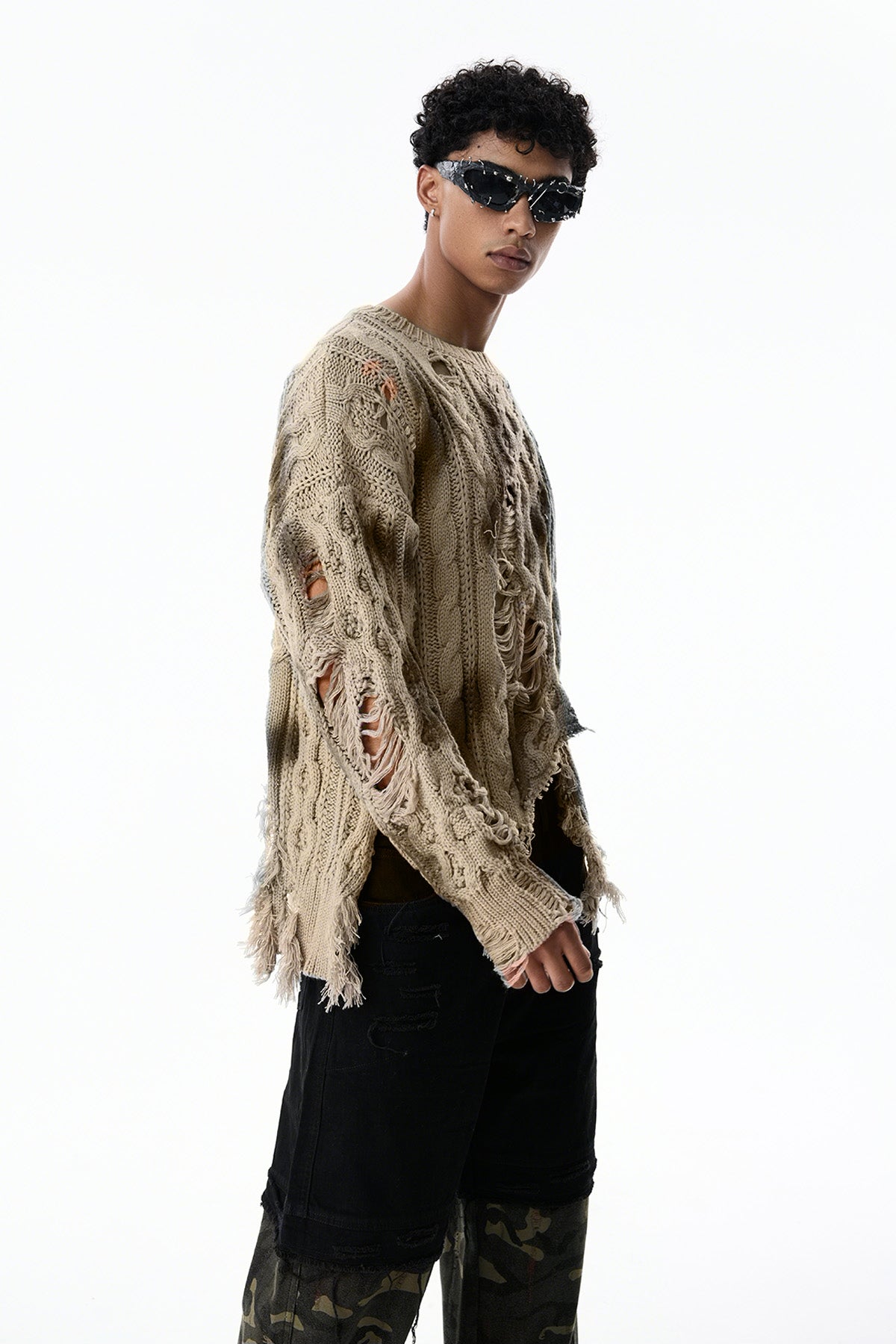 Thread Line Ripped Long Sleeve Knit Top Brown