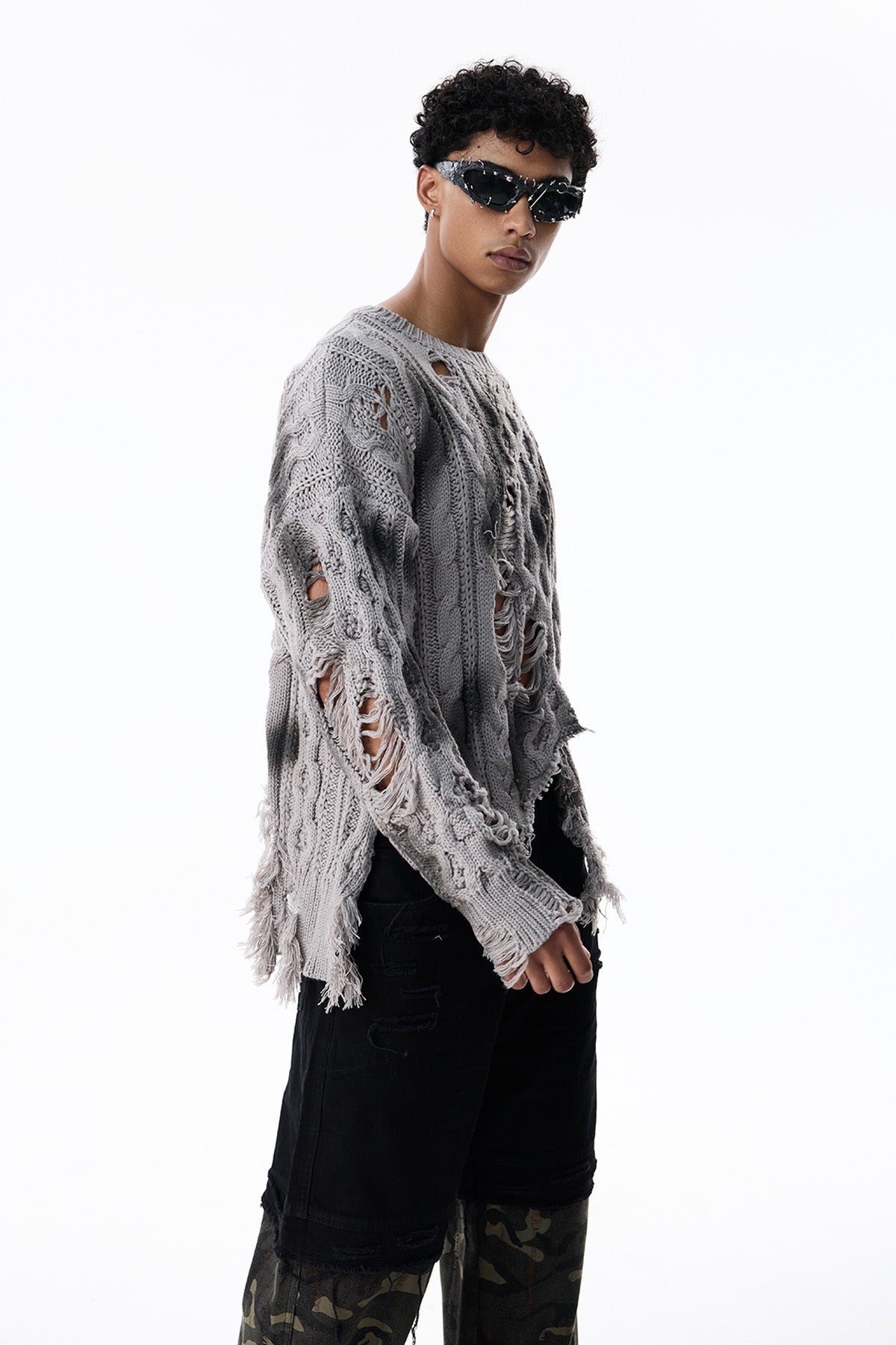 Thread Line Ripped Long Sleeve Knit Top