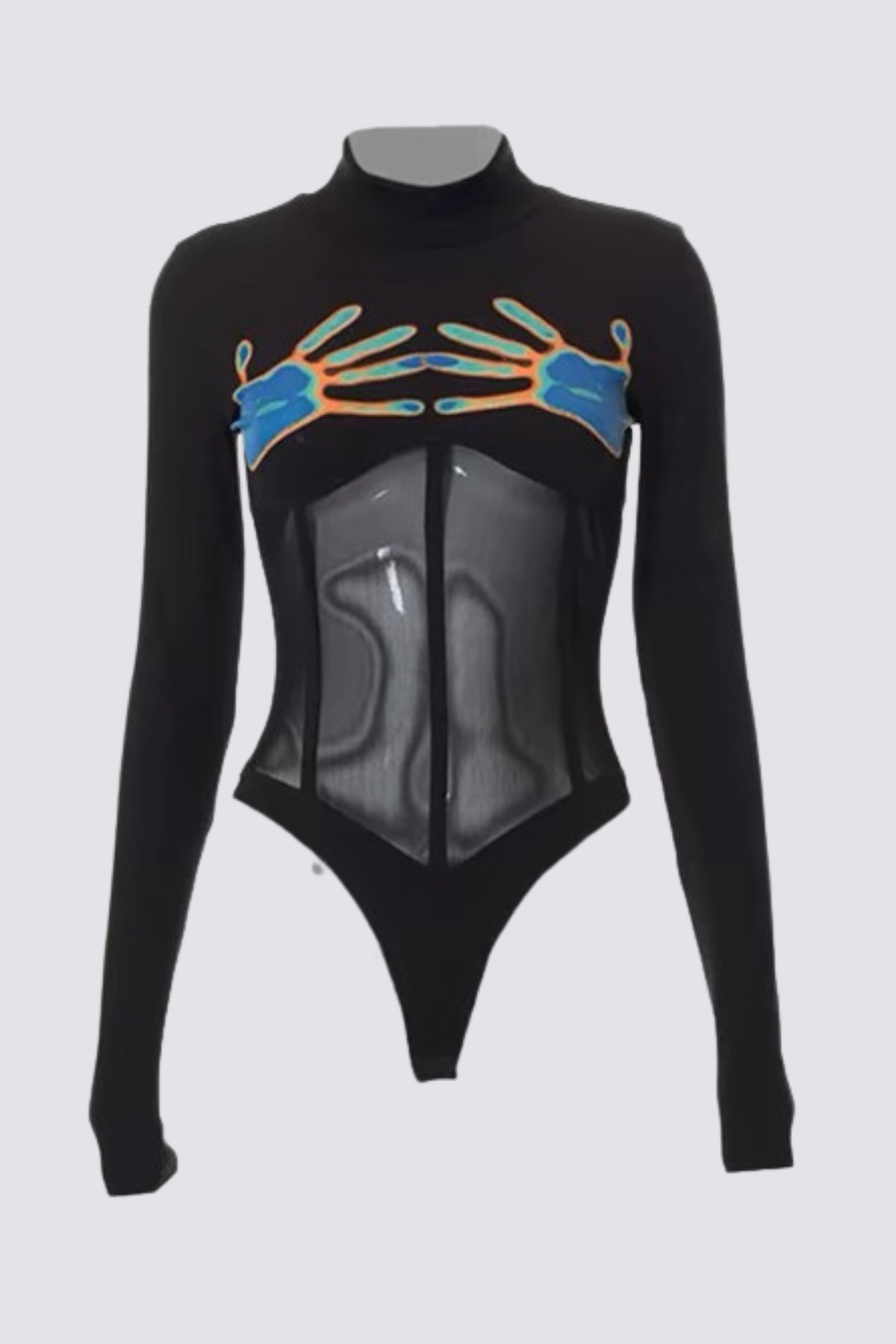 Tight Grid Long Sleeve Print Hand Bodysuit