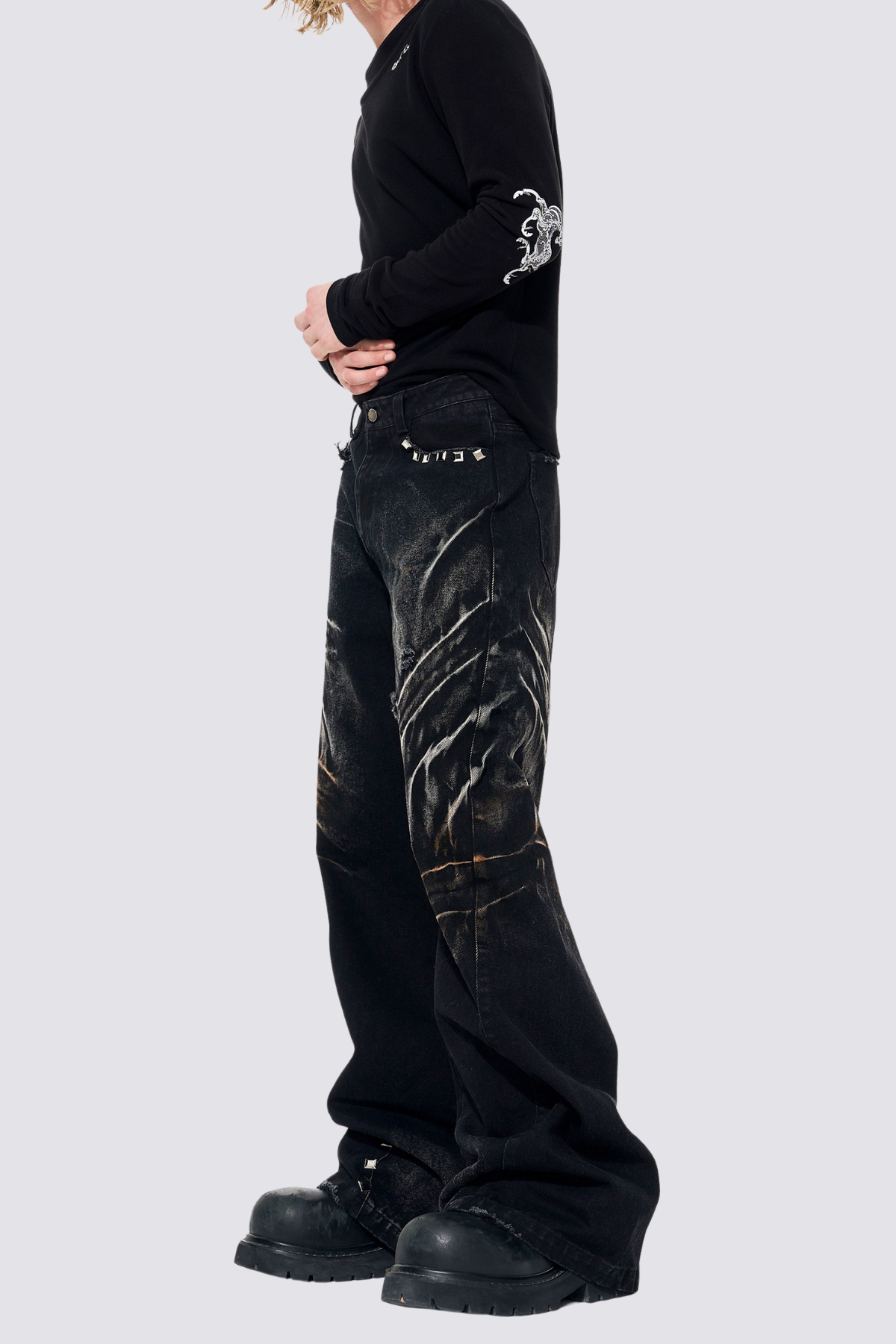 Track Grid Rivet Wide Leg Jeans
