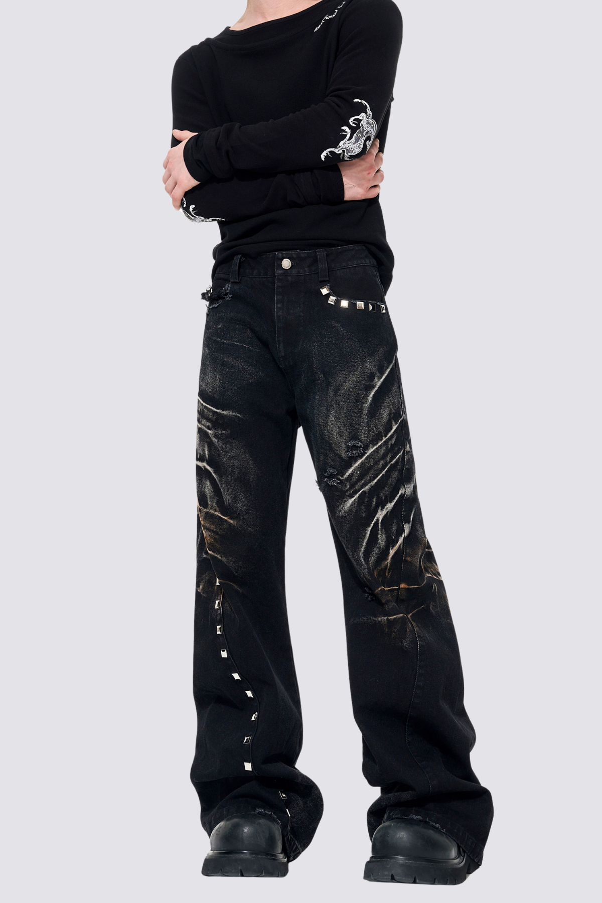Track Grid Rivet Wide Leg Jeans