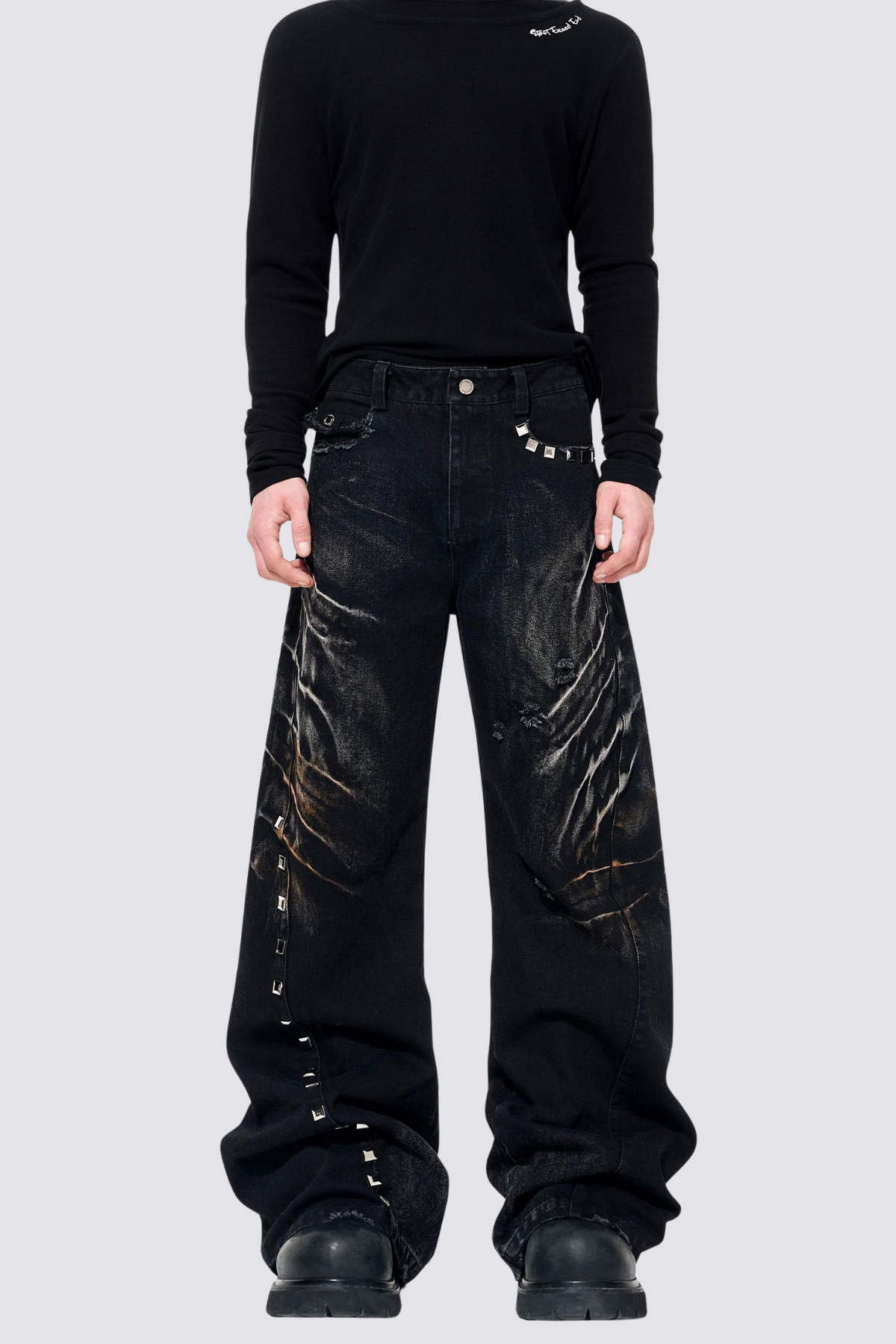 Track Grid Rivet Wide Leg Jeans