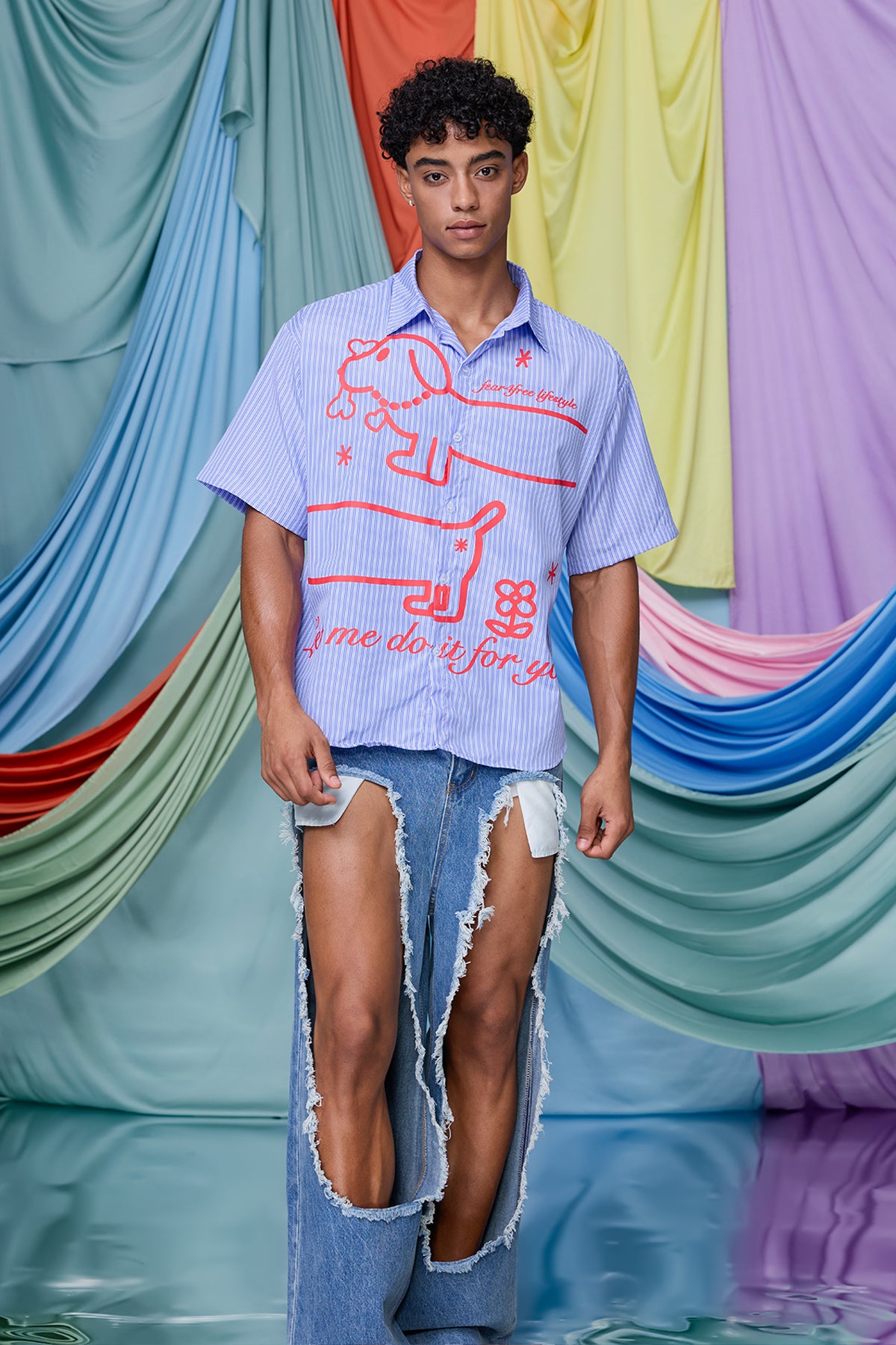 Tranquil Line Print Stripe Short Sleeve Shirt