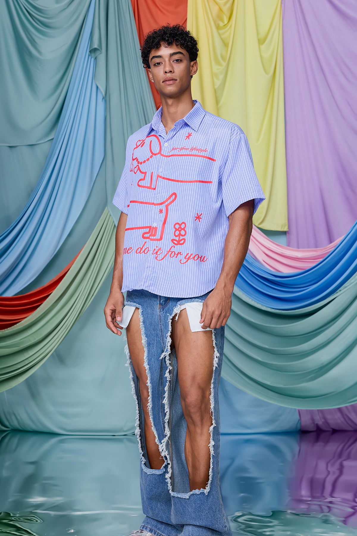 Tranquil Line Print Stripe Short Sleeve Shirt