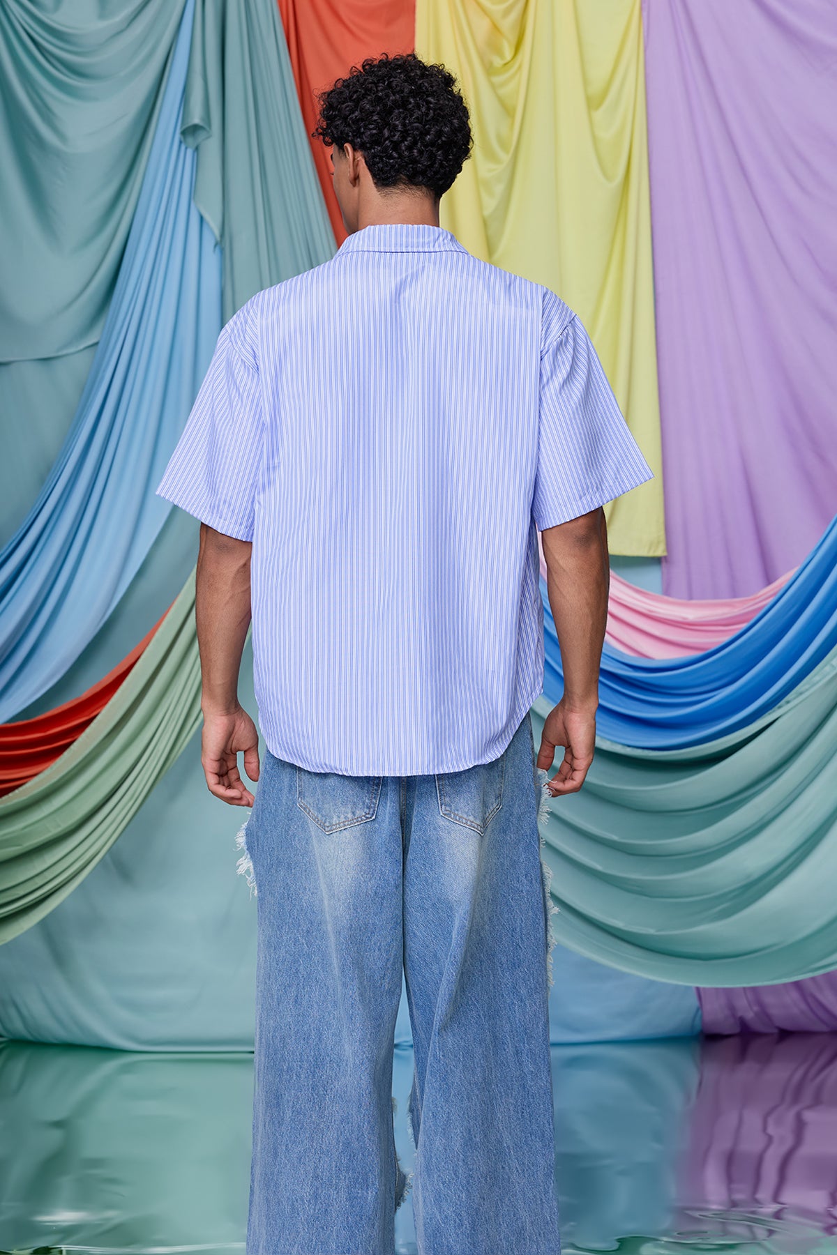 Tranquil Line Print Stripe Short Sleeve Shirt
