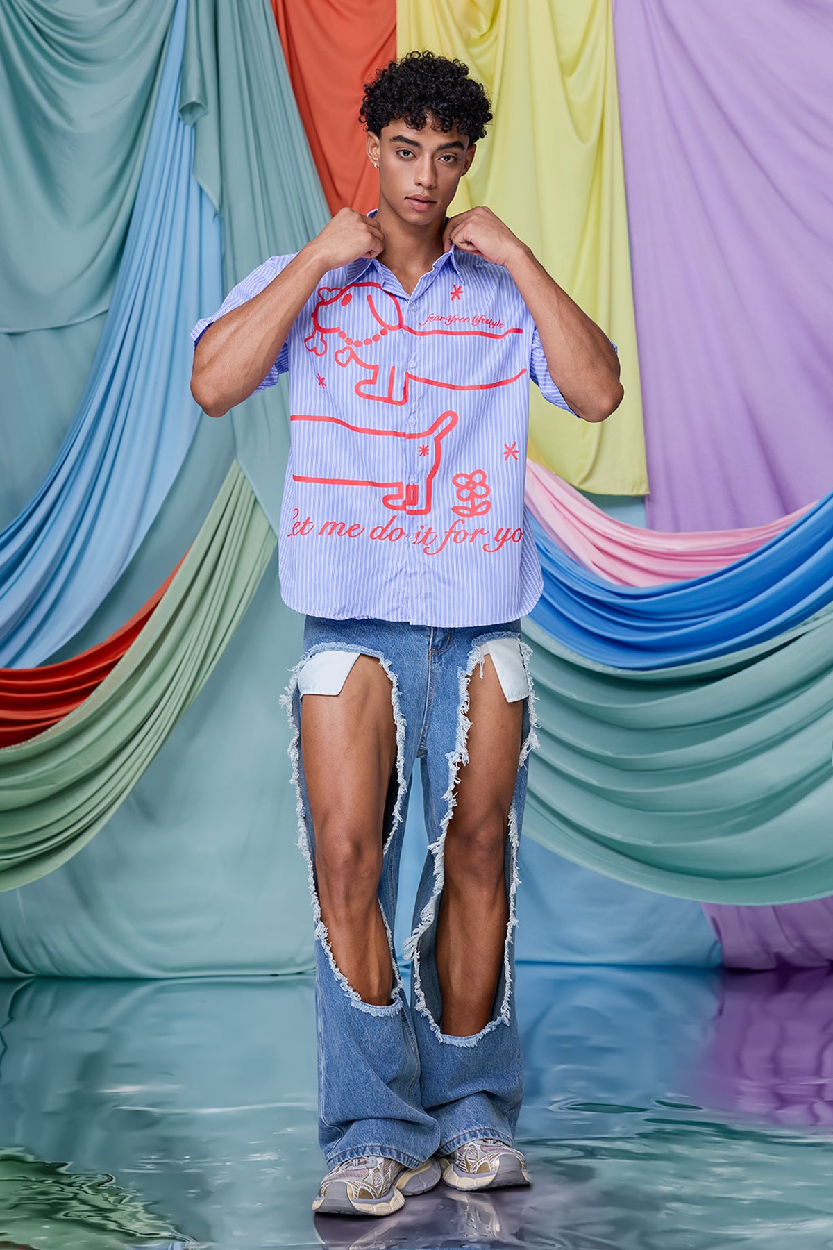 Tranquil Line Print Stripe Short Sleeve Shirt