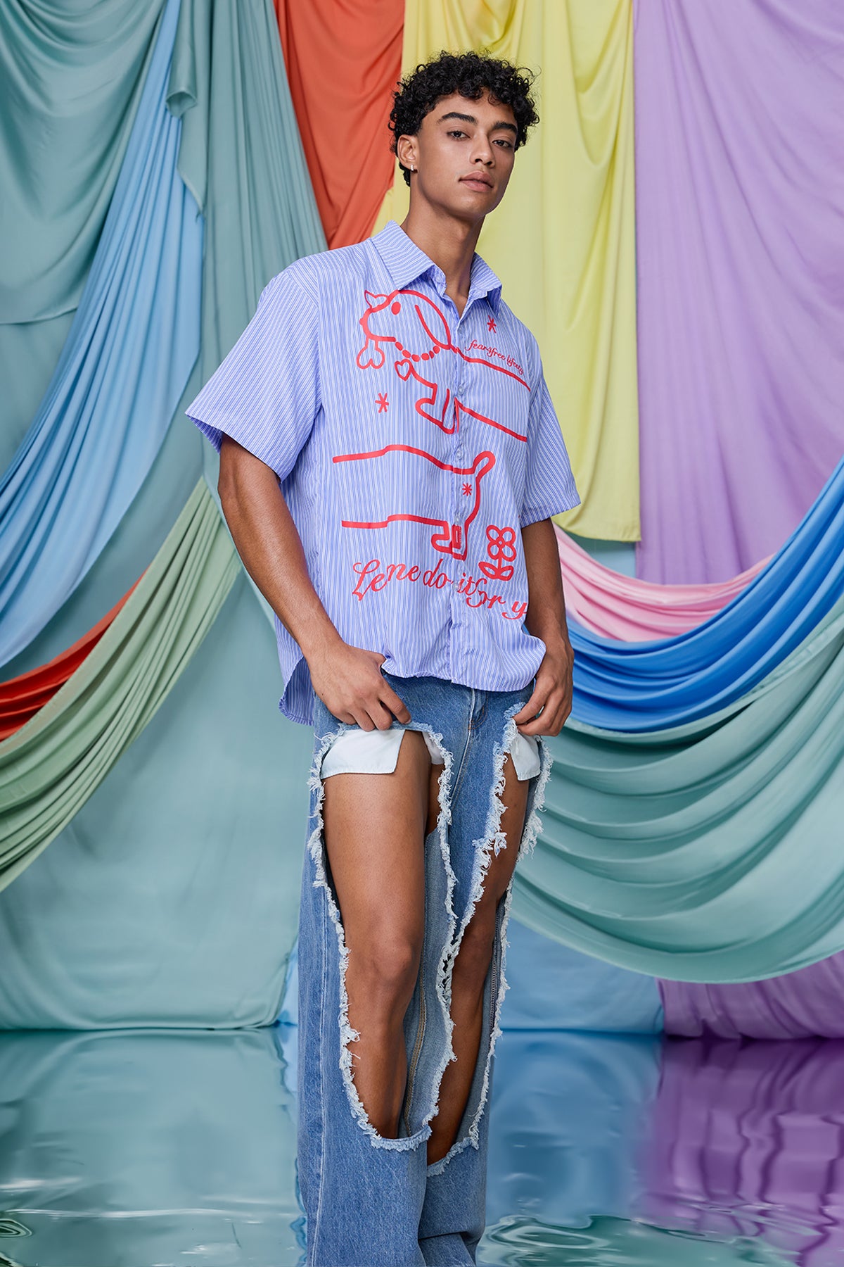 Tranquil Line Print Stripe Short Sleeve Shirt