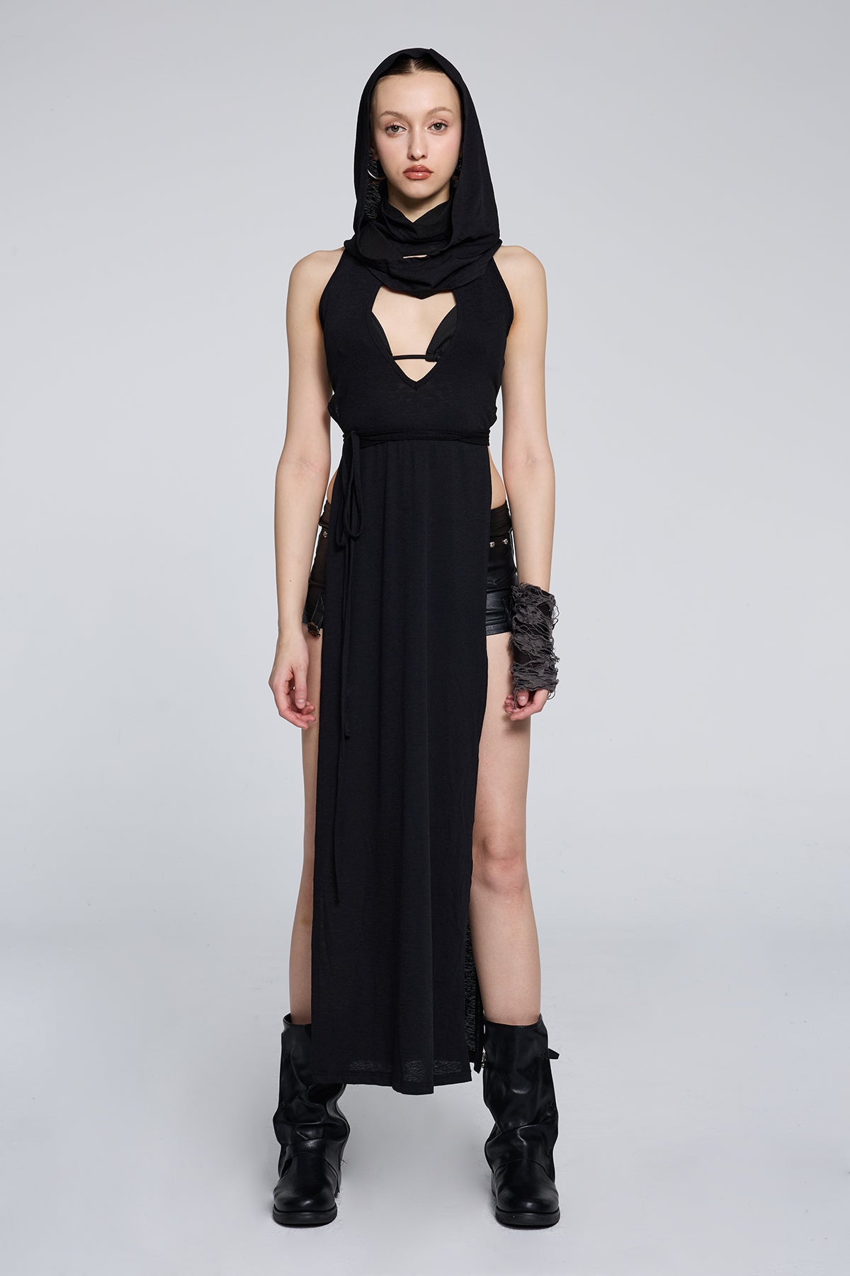 hooded slit maxi dress MONOT Hooded Halter Slit Maxi Dress SHOP CURVE