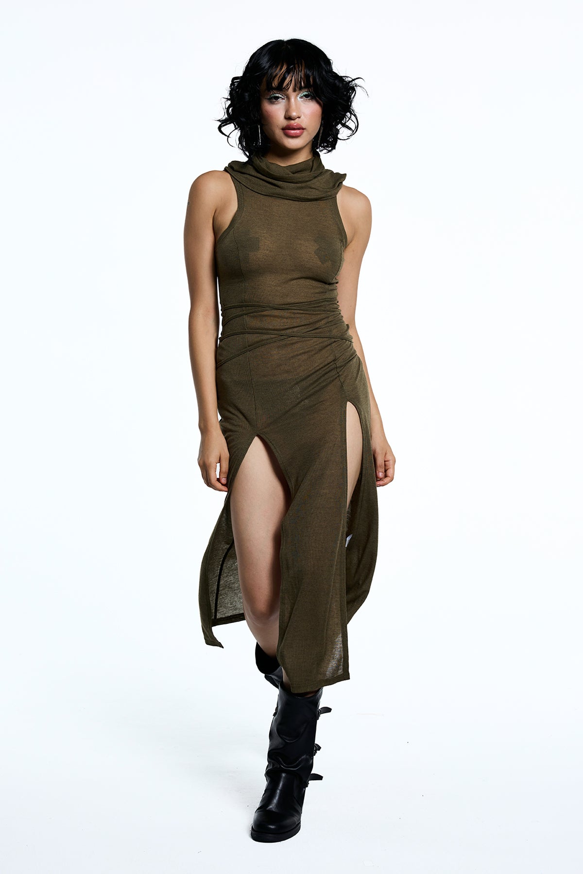 Twin Mark Sleeveless Hooded Split Maxi Dress