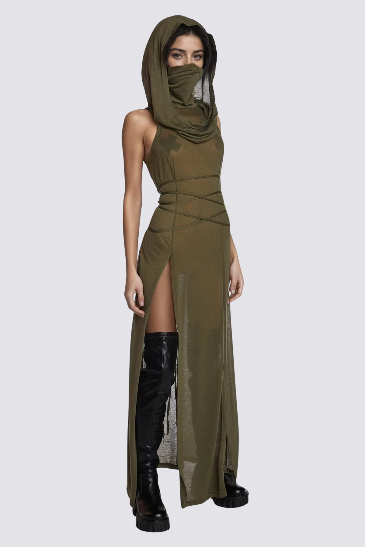 Twin Mark Sleeveless Hooded Split Maxi Dress