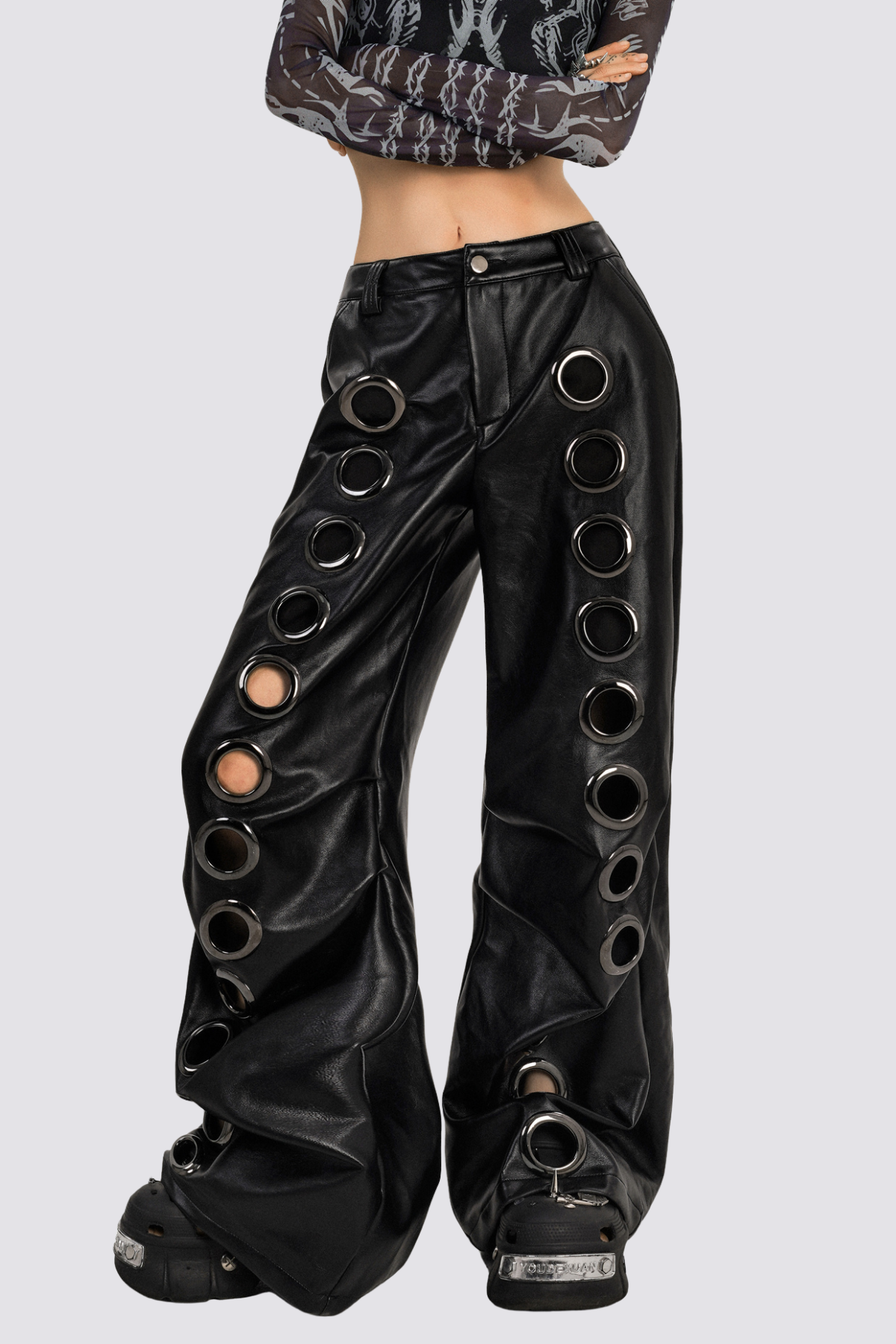 Undone Code Leather Eyelet Wide Leg Pants