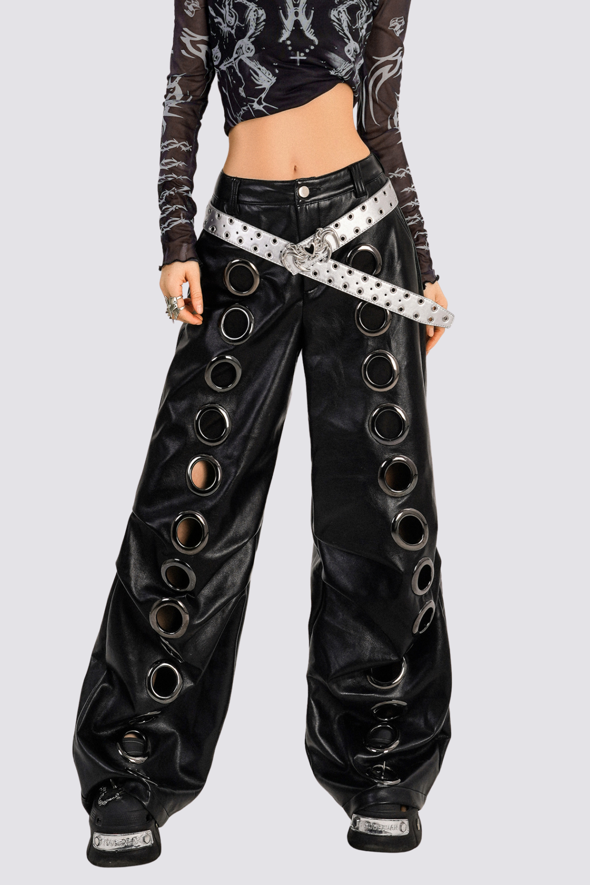 Undone Code Leather Eyelet Wide Leg Pants