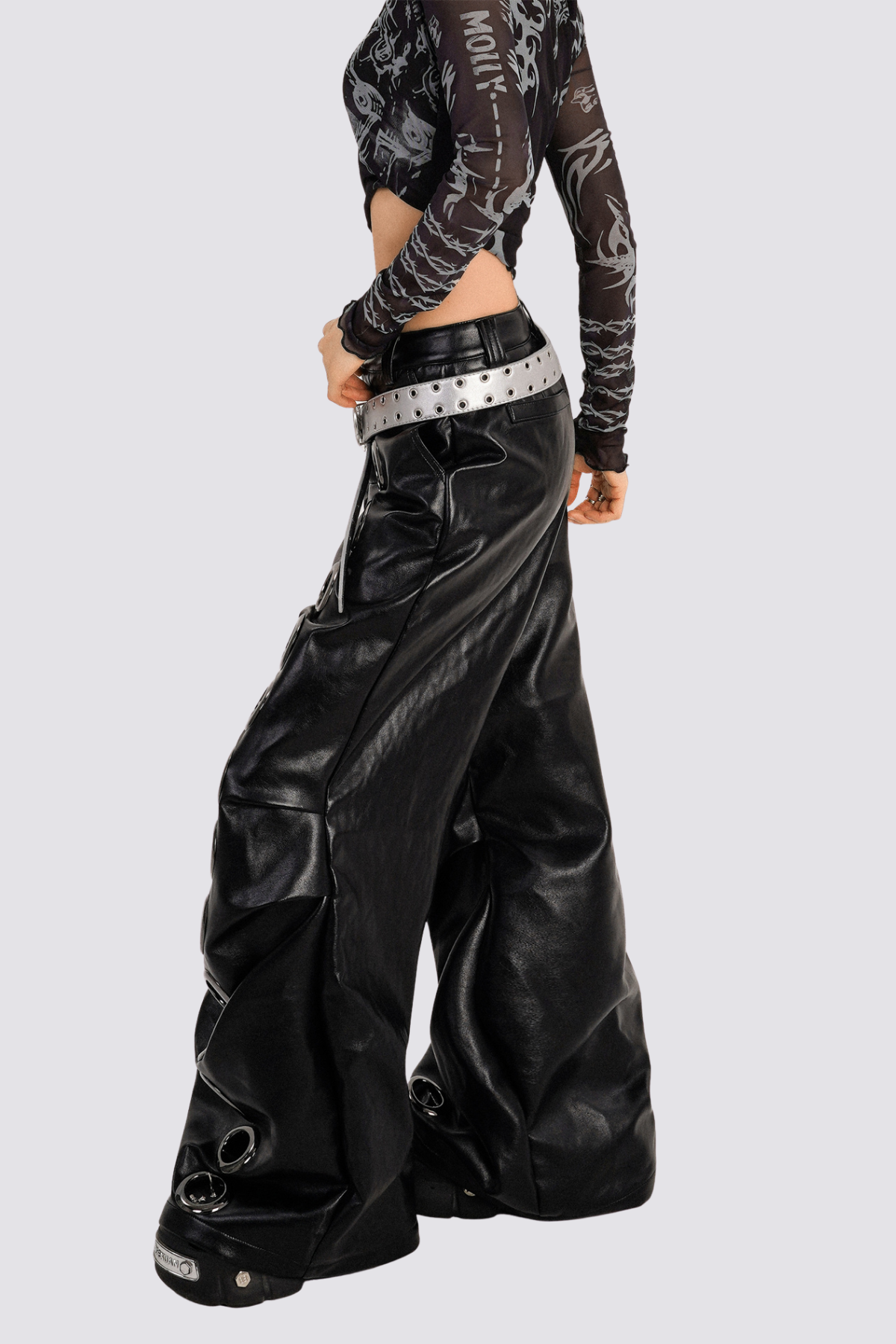 Undone Code Leather Eyelet Wide Leg Pants