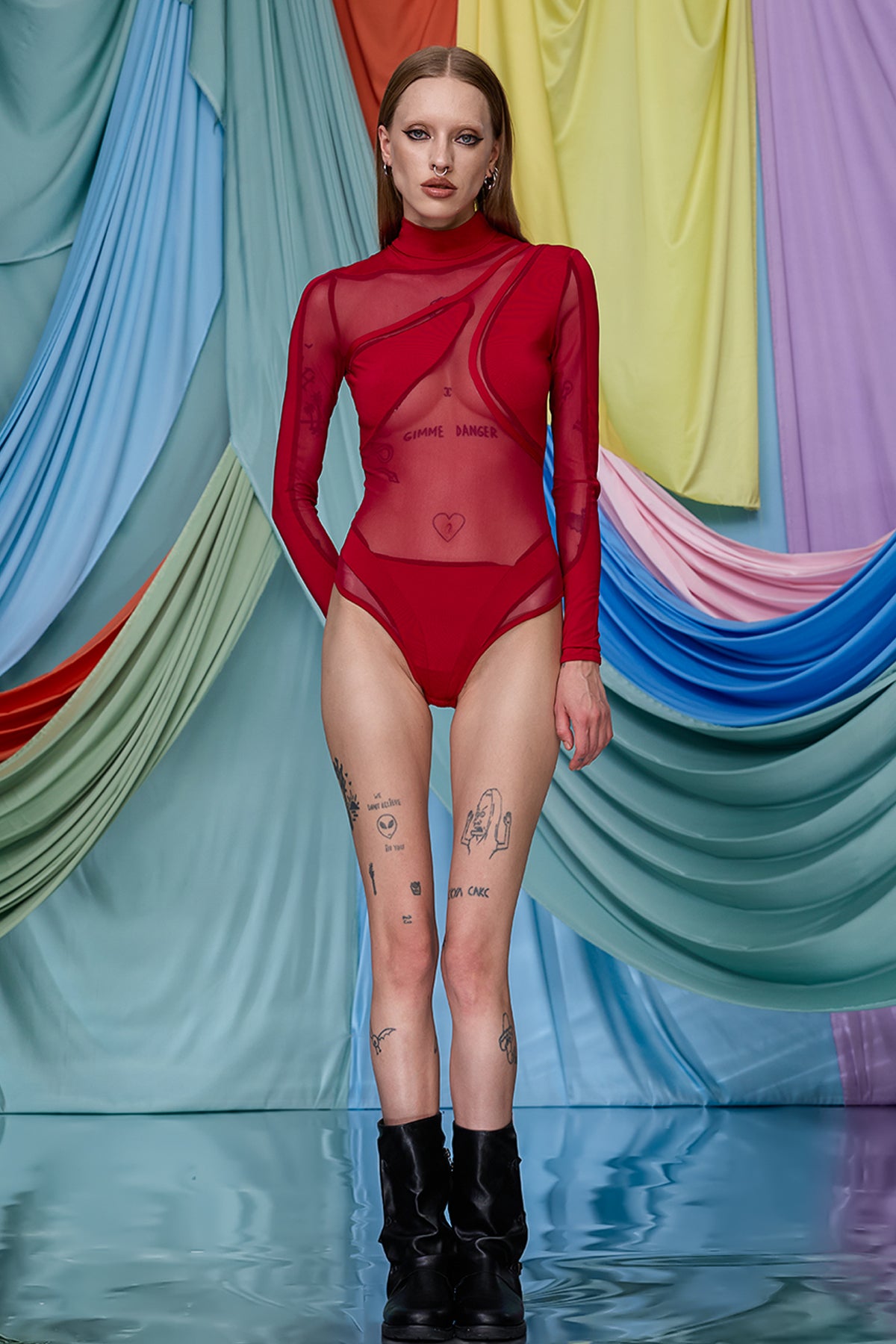 Unified Coverage Long Sleeve Mesh Bodysuit Wine