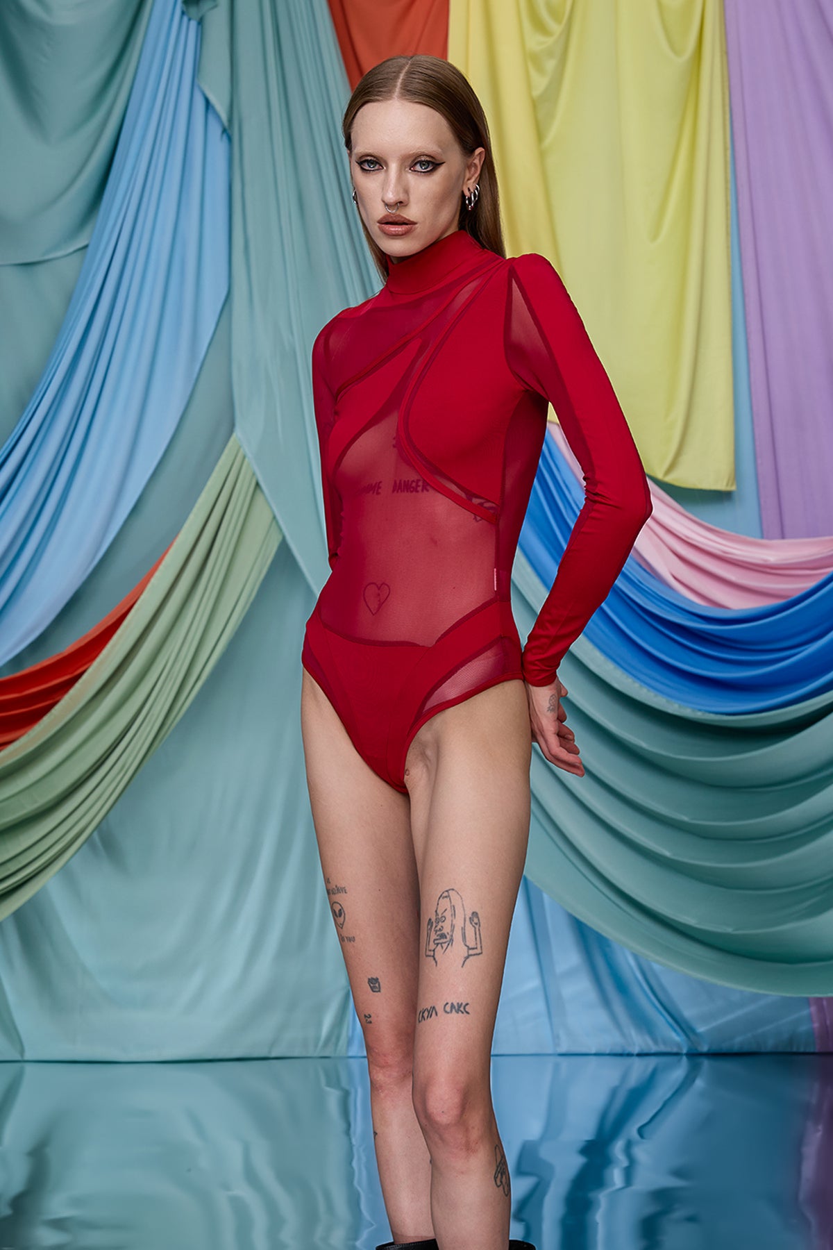 Unified Coverage Long Sleeve Mesh Bodysuit Wine