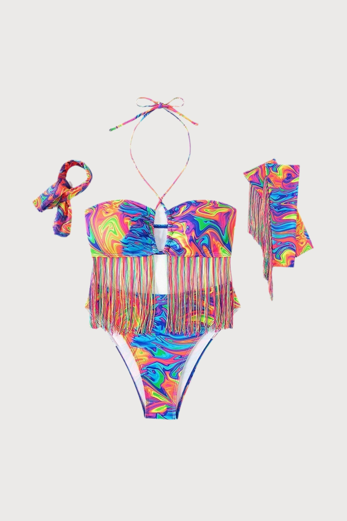 Unity Flame Fringe Print Bikini Four Piece Set