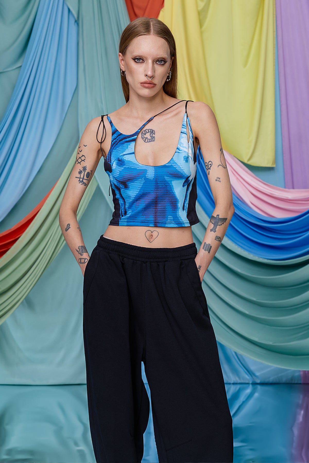 Urban Float Print Lace Up Cutout Crop Top