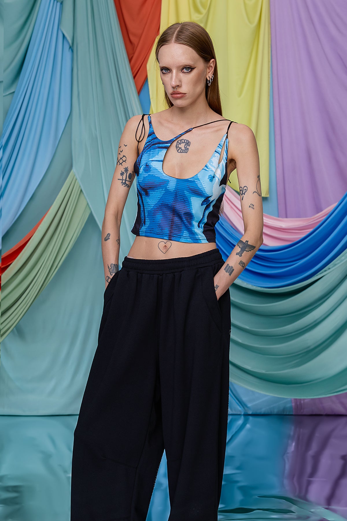 Urban Float Print Lace Up Cutout Crop Top