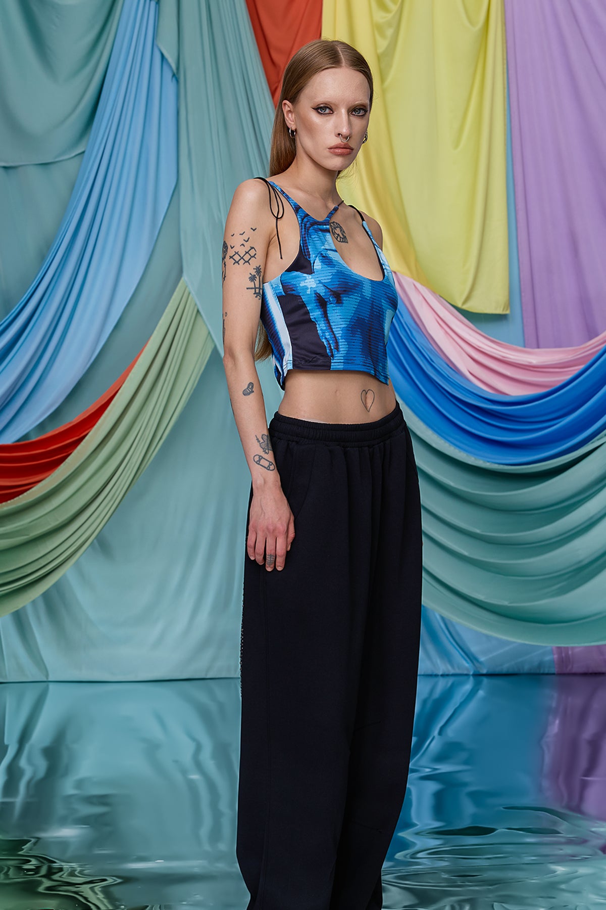 Urban Float Print Lace Up Cutout Crop Top