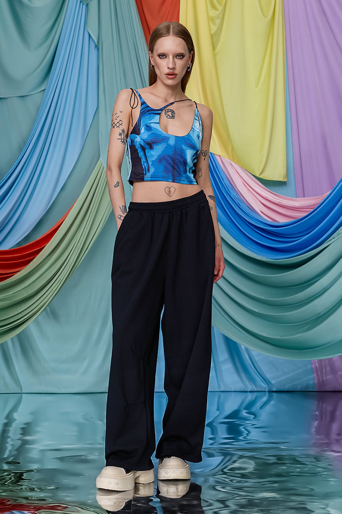 Urban Float Print Lace Up Cutout Crop Top