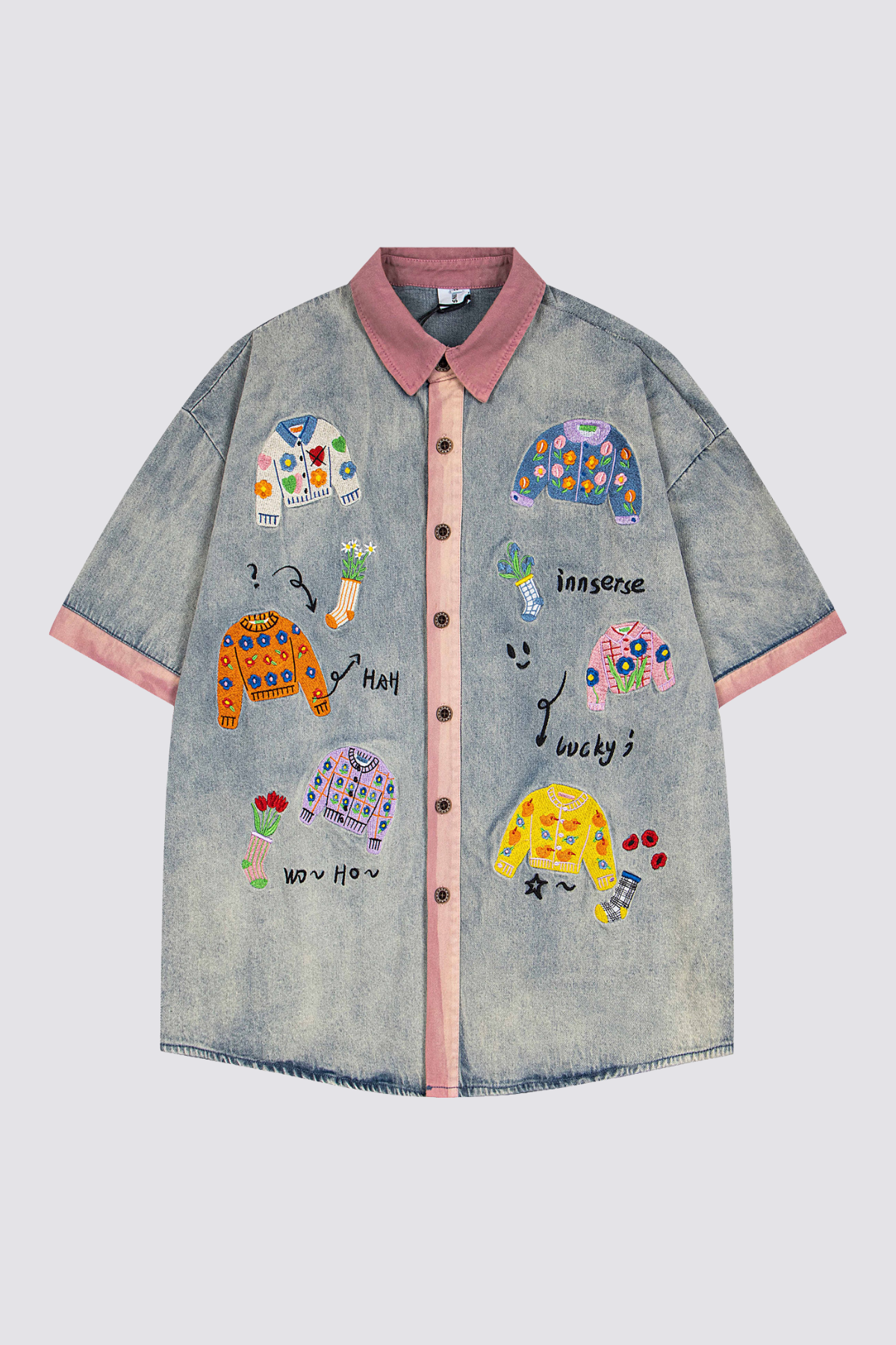 Urban Fray Embroidery Denim Short Sleeve Shirts