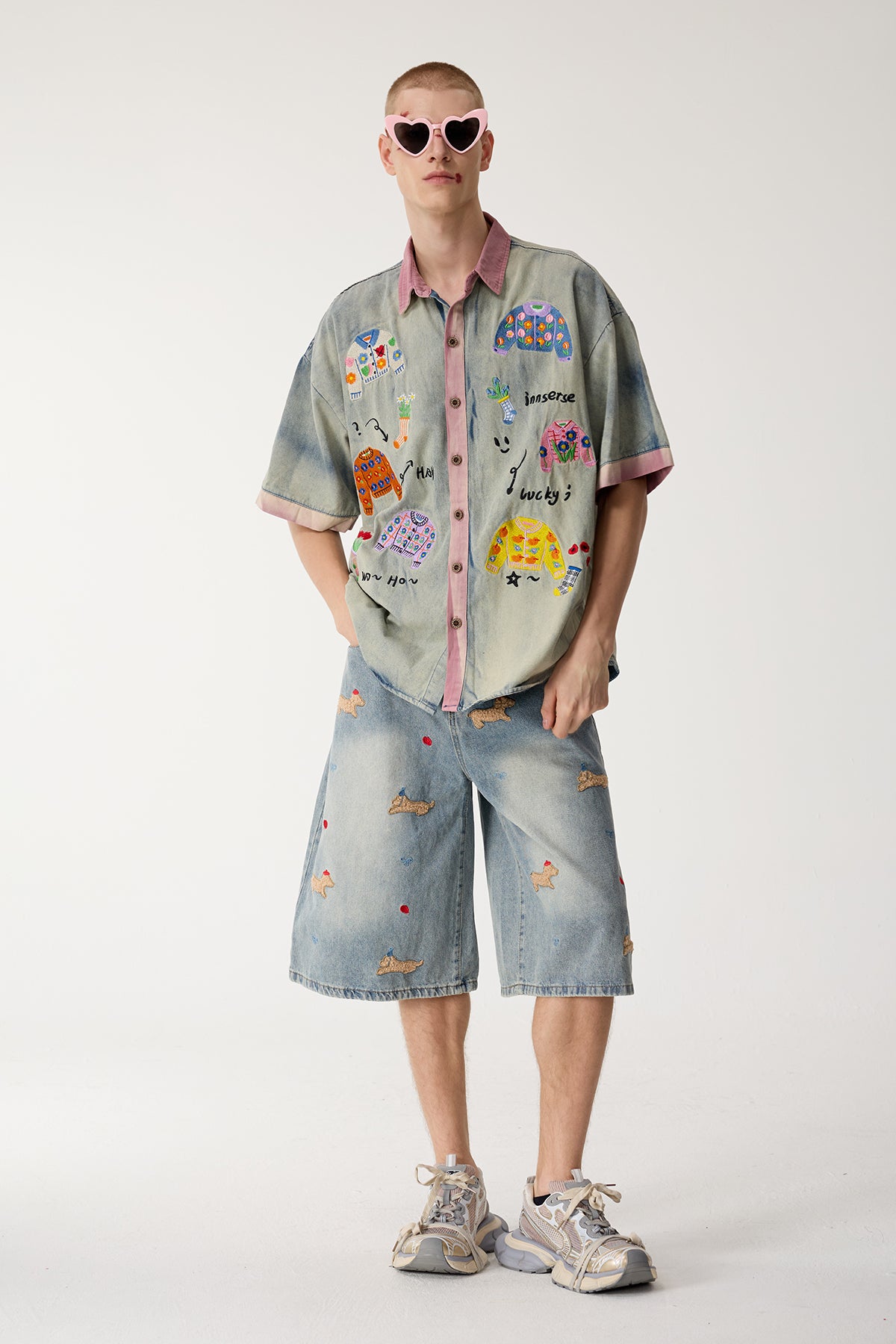 Urban Fray Embroidery Denim Short Sleeve Shirts