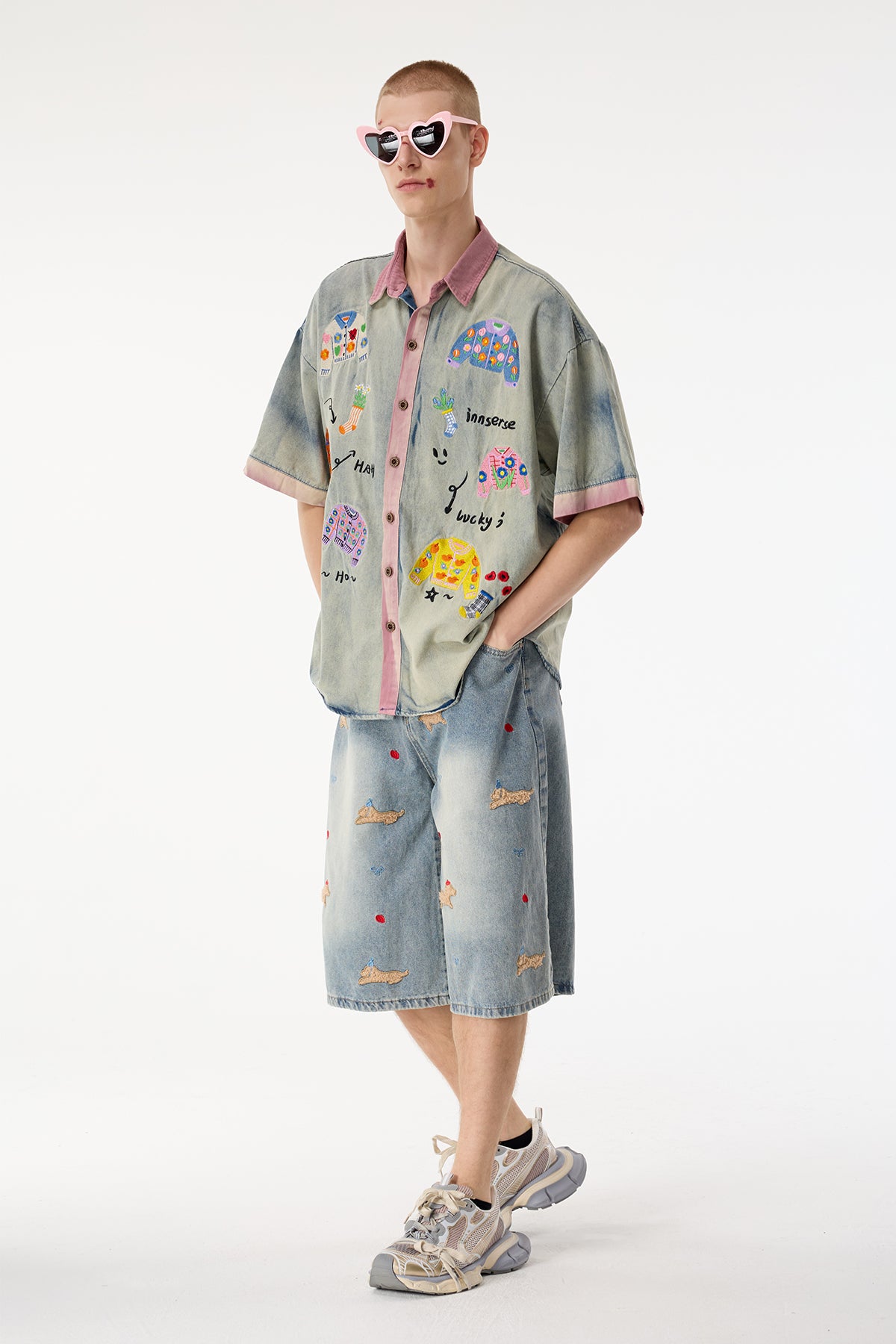 Urban Fray Embroidery Denim Short Sleeve Shirts