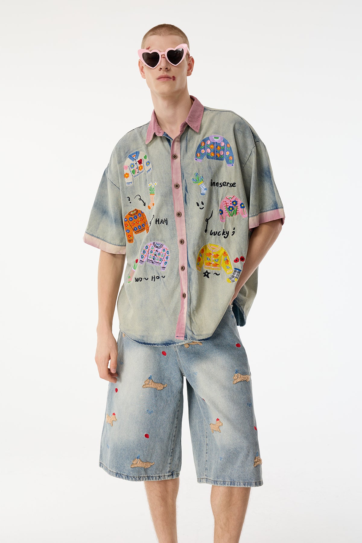 Urban Fray Embroidery Denim Short Sleeve Shirts