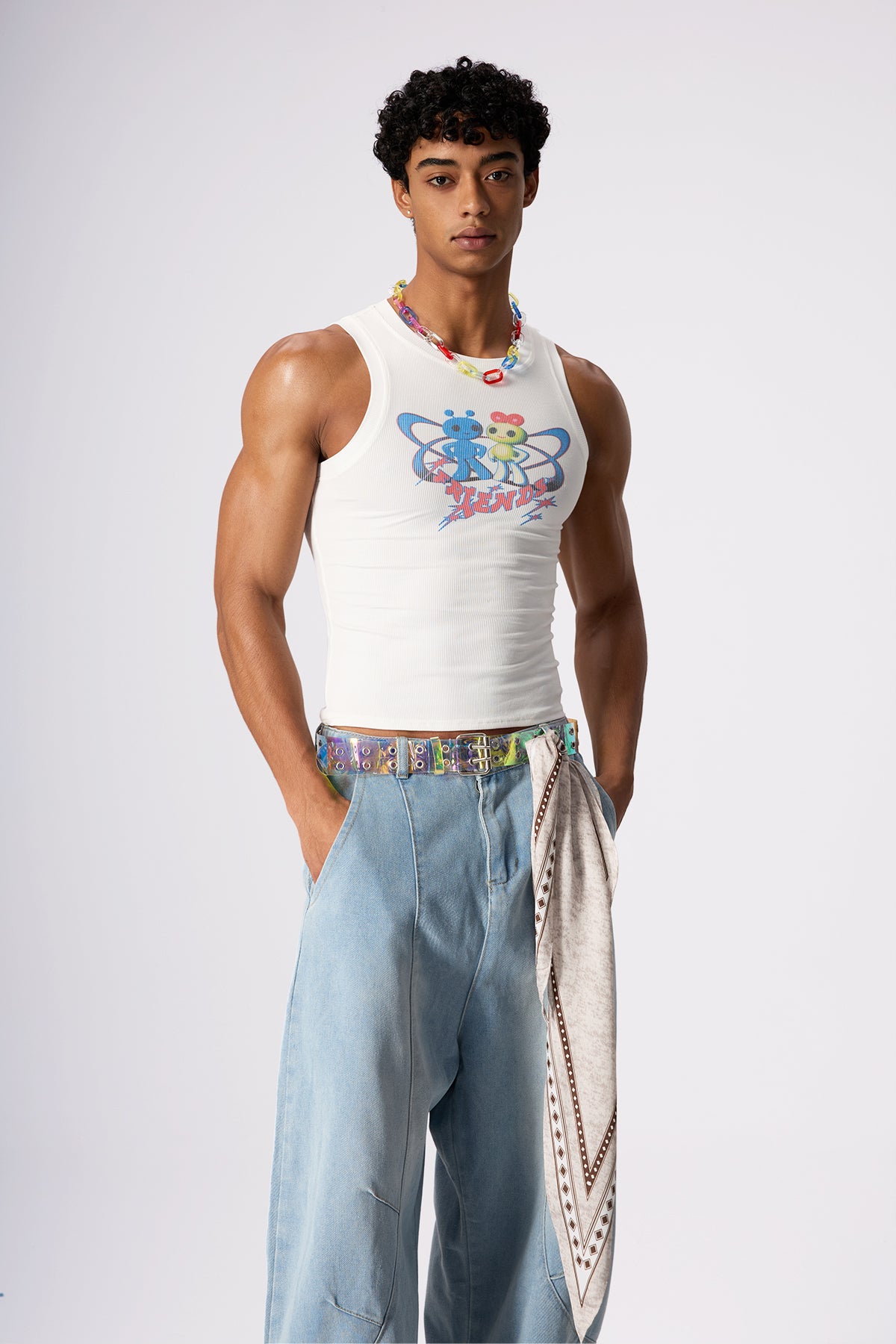 Velvet Line Print Sleeveless Top White