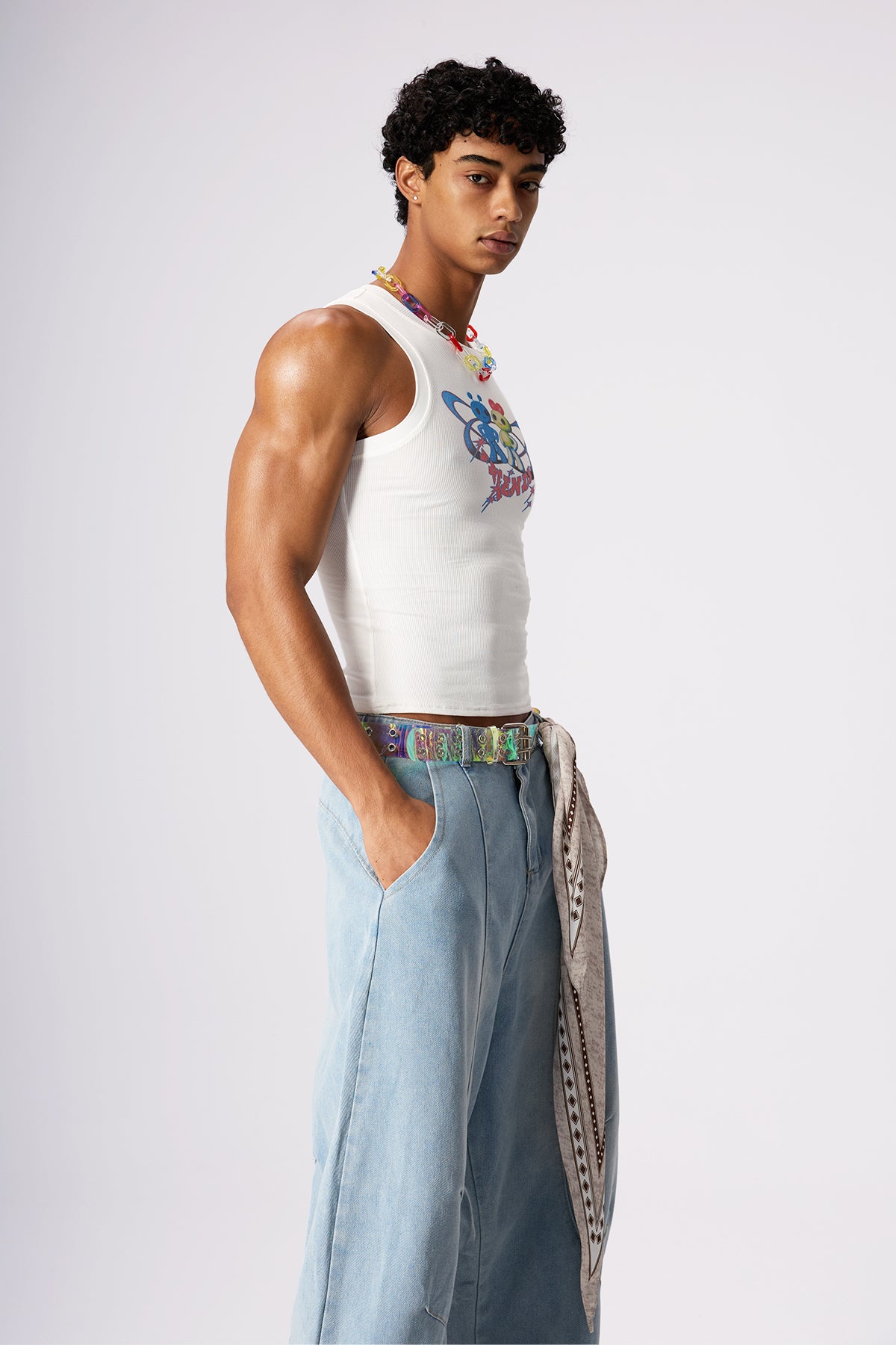 Velvet Line Print Sleeveless Top White